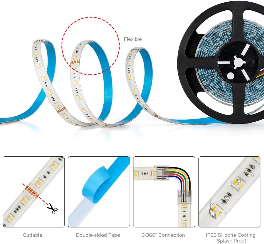 BTF-LIGHTING RGBCCT 5 Colors in 1 LED 5050SMD RGBWW RGB+Dimmable Tunable Color Temperature 2700K-6500K 16.4ft 60LEDs/m 300LEDs DC24V Multi-Colored Tape Lights IP30 White PCB(No Adapter or Controller)