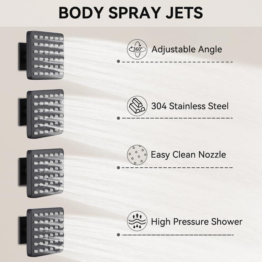 Revitalize 3-Function 12 Inch Wall Mount Rainfall Thermostatic Shower System with 6 Body Jets