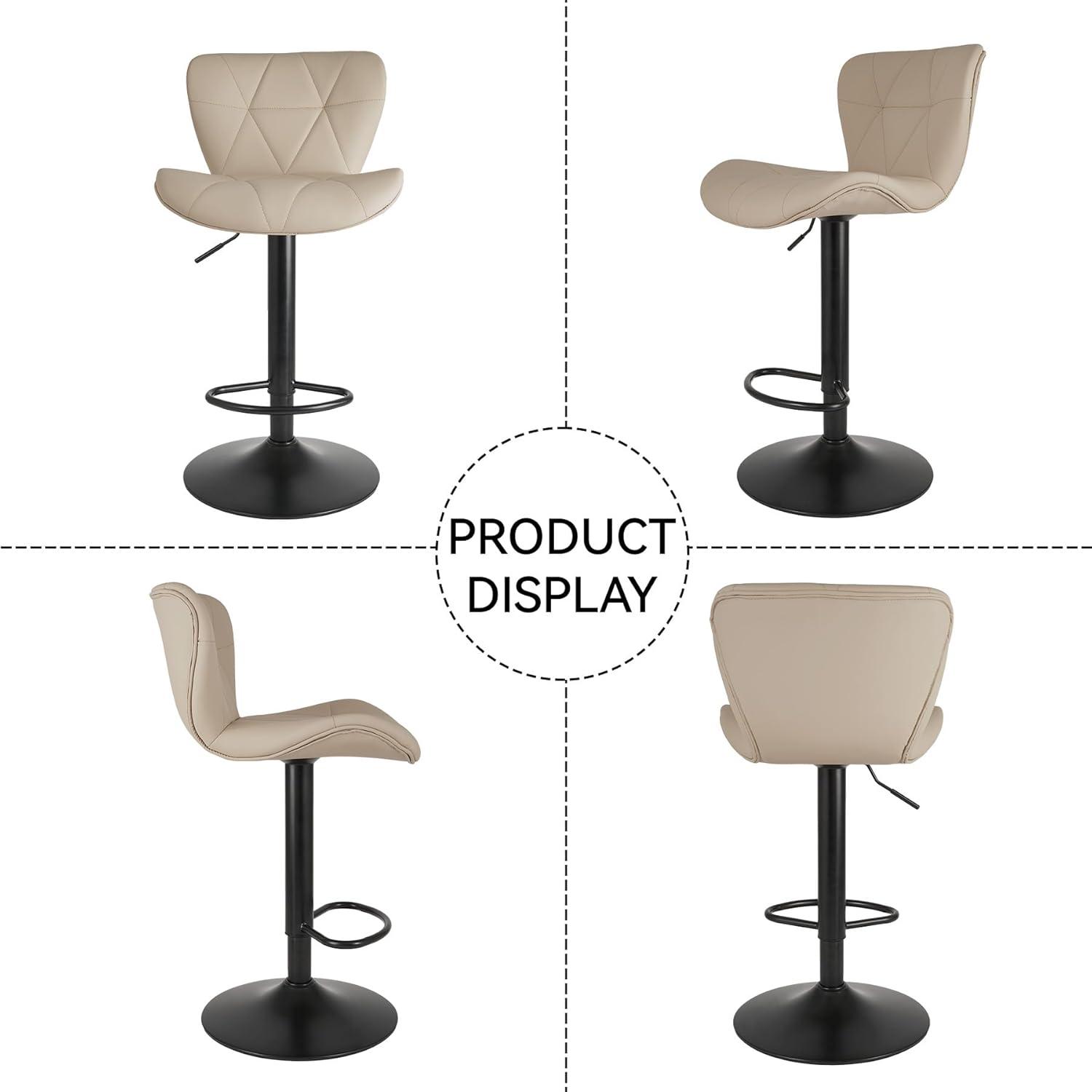 Modern Bar Stool Set of 2, Adjustable Faux Leather Upholstered Swivel Counter Stools, Counter Barstools with Back for Kitchen Island, Khaki