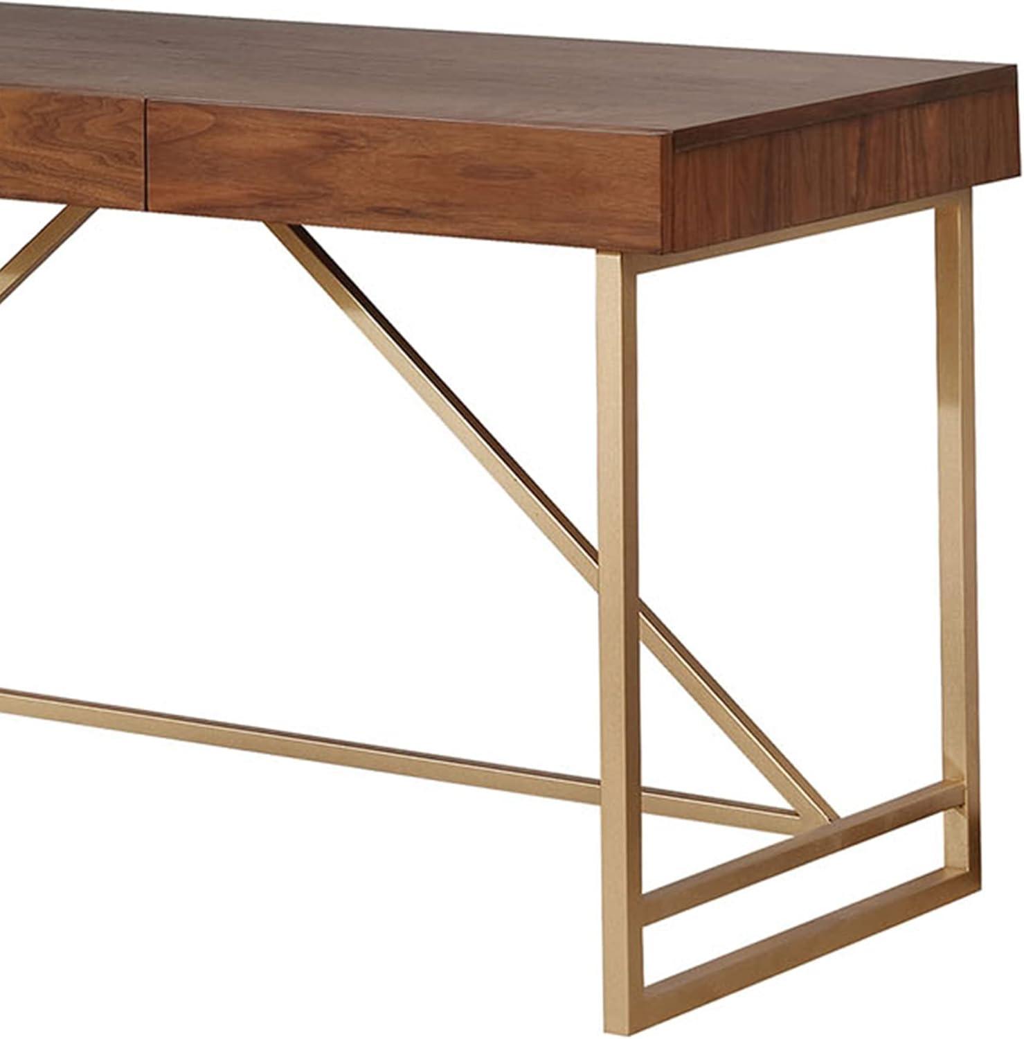 Modern Style Wooden Writing Desk with Unique Metal Legs in Walnut Brown and Gold