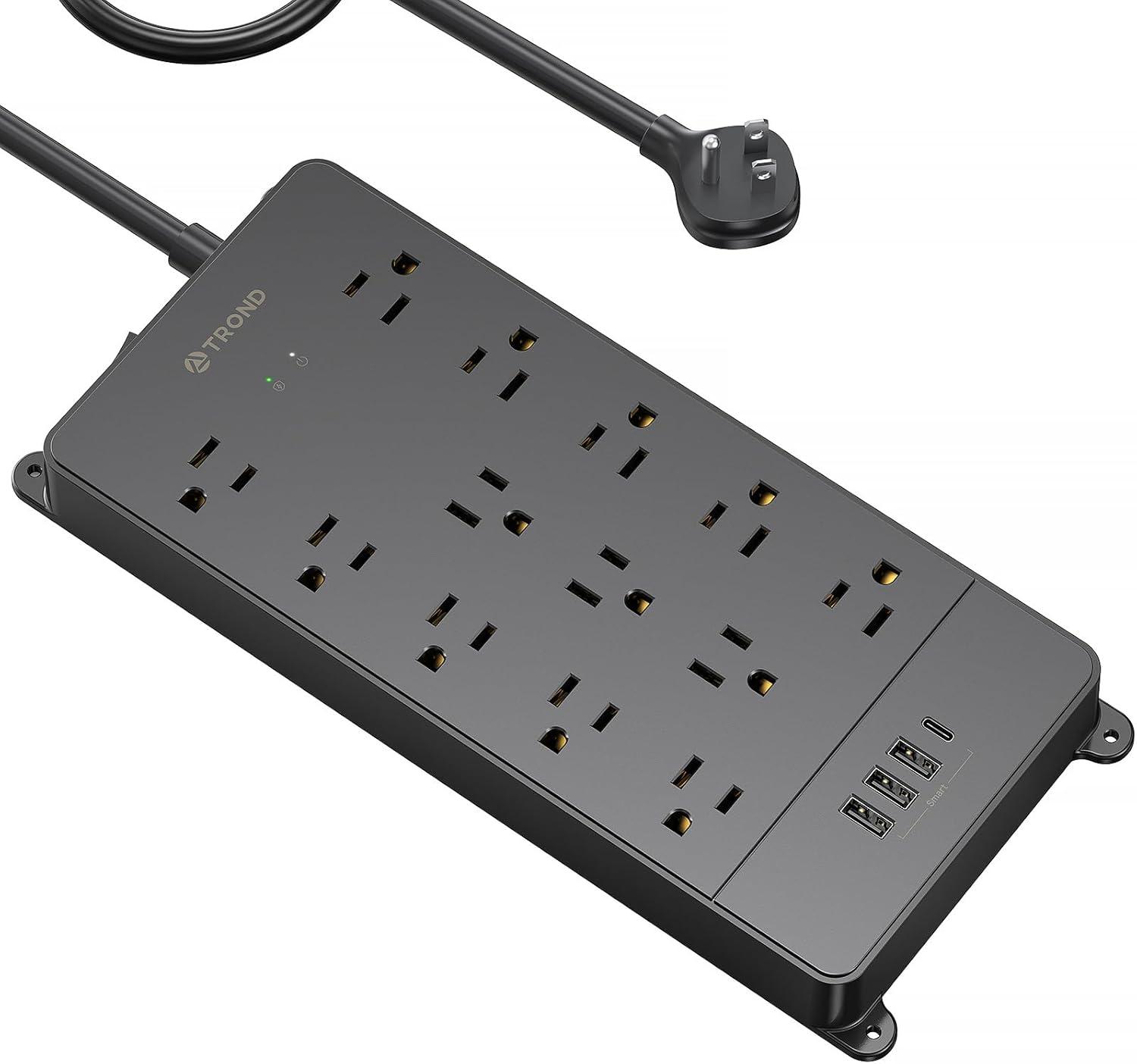 TROND Surge Protector Power Strip with USB, 10ft Long Extension Cord Multi Plug Outlets, 4 USB and 13 AC Outlets 4000J, ETL Listed, Black