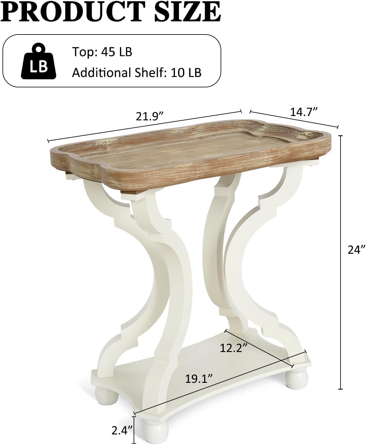 Kinbor Accent Wood Farmhouse End Table Side Tables Nightstand Natural Tray Top and Legs, White