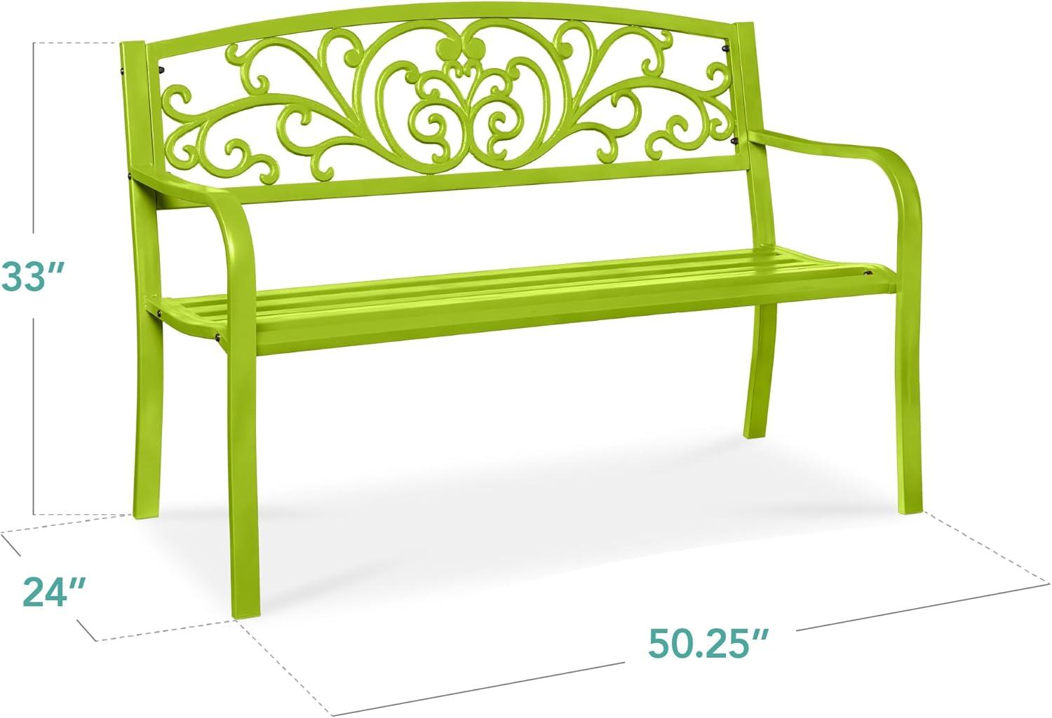 World Menagerie Outdoor Steel Bench with Floral Backrest & Slatted Seat, Marigold for Garden, Patio, Porch, Lawn, and Deck