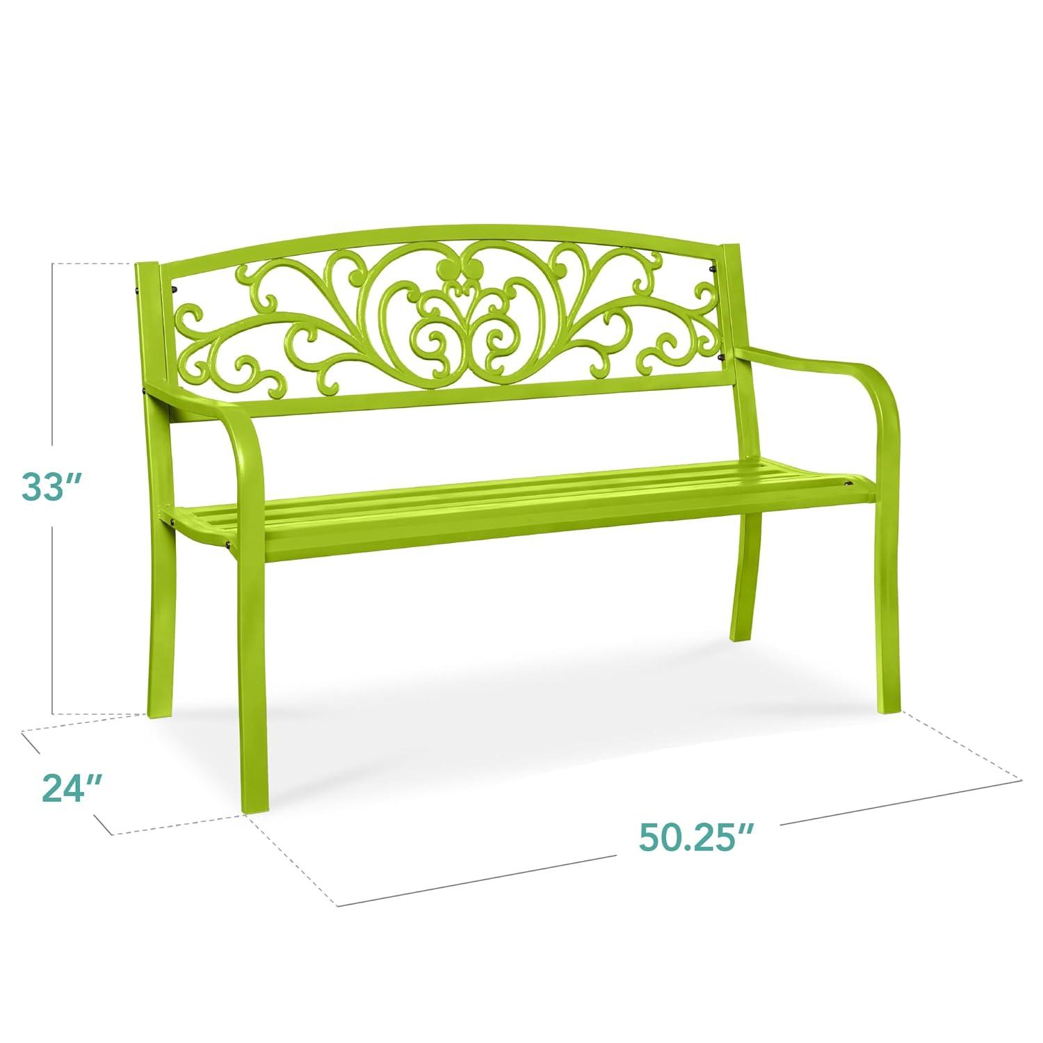 World Menagerie Outdoor Steel Bench with Floral Backrest & Slatted Seat, Marigold for Garden, Patio, Porch, Lawn, and Deck