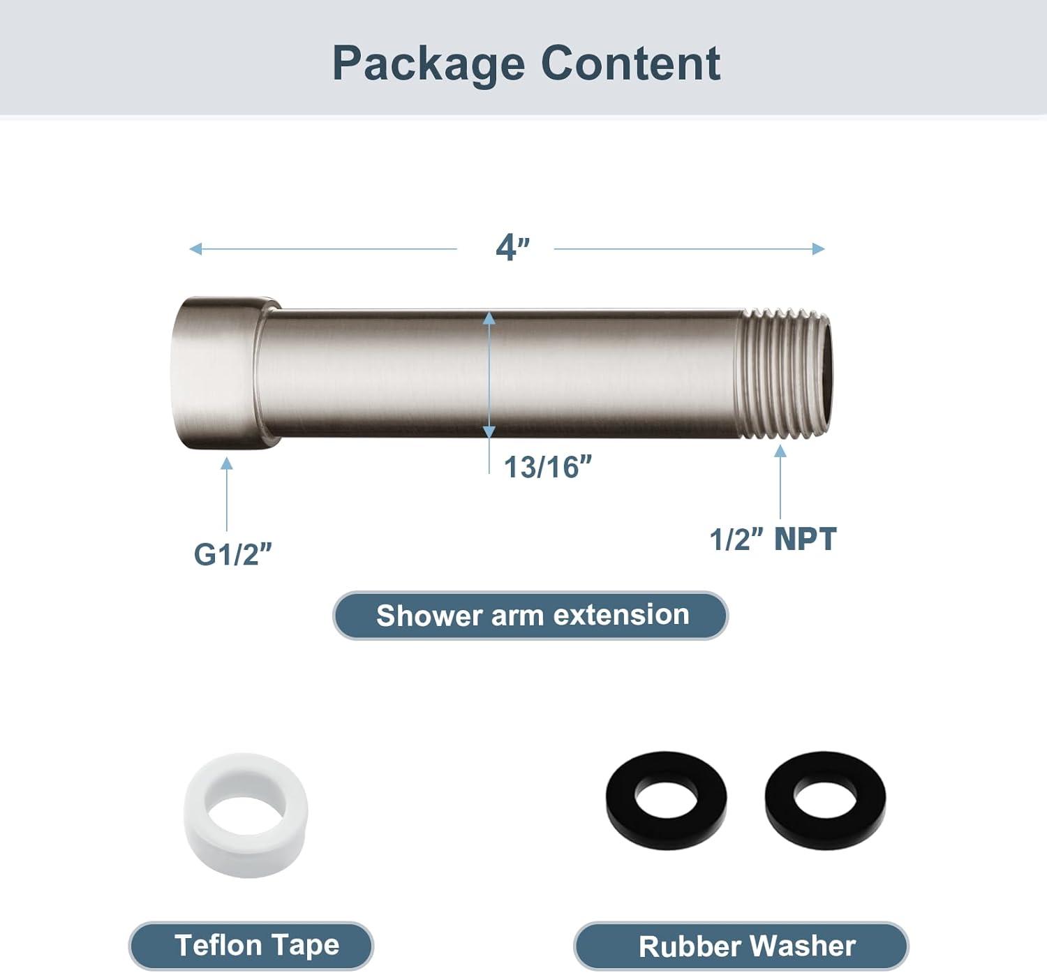 BRIGHT SHOWERS Shower Arm Extender for Rain and Handheld Shower Head, 4 Inch Shower Head Extension Arm, Shower Pipe Extension for Extending or Lowering Showerhead, Brushed Nickel