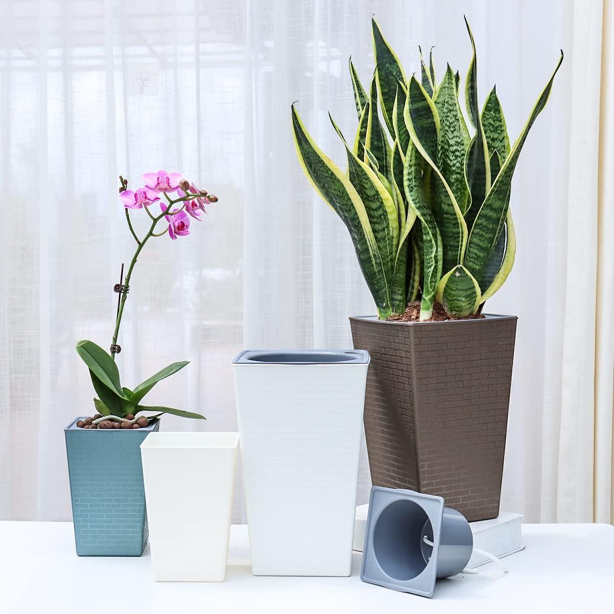 White Plastic Self-Watering Indoor Planters with 3D Pattern, 10.7" x 6.9", Set of 2