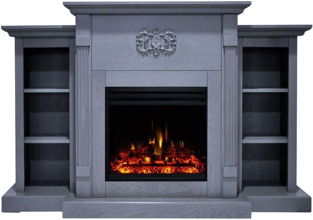 Sanoma 72'' Slate Blue Electric Fireplace with Charred Log Insert and Bookshelves