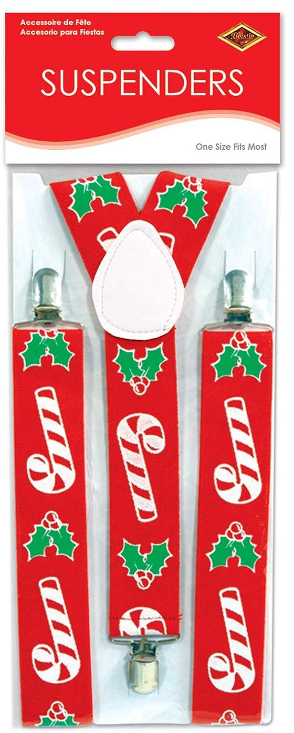 Beistle Candy Cane & Holly Suspenders, (1/Pkg) Candy Cane Red