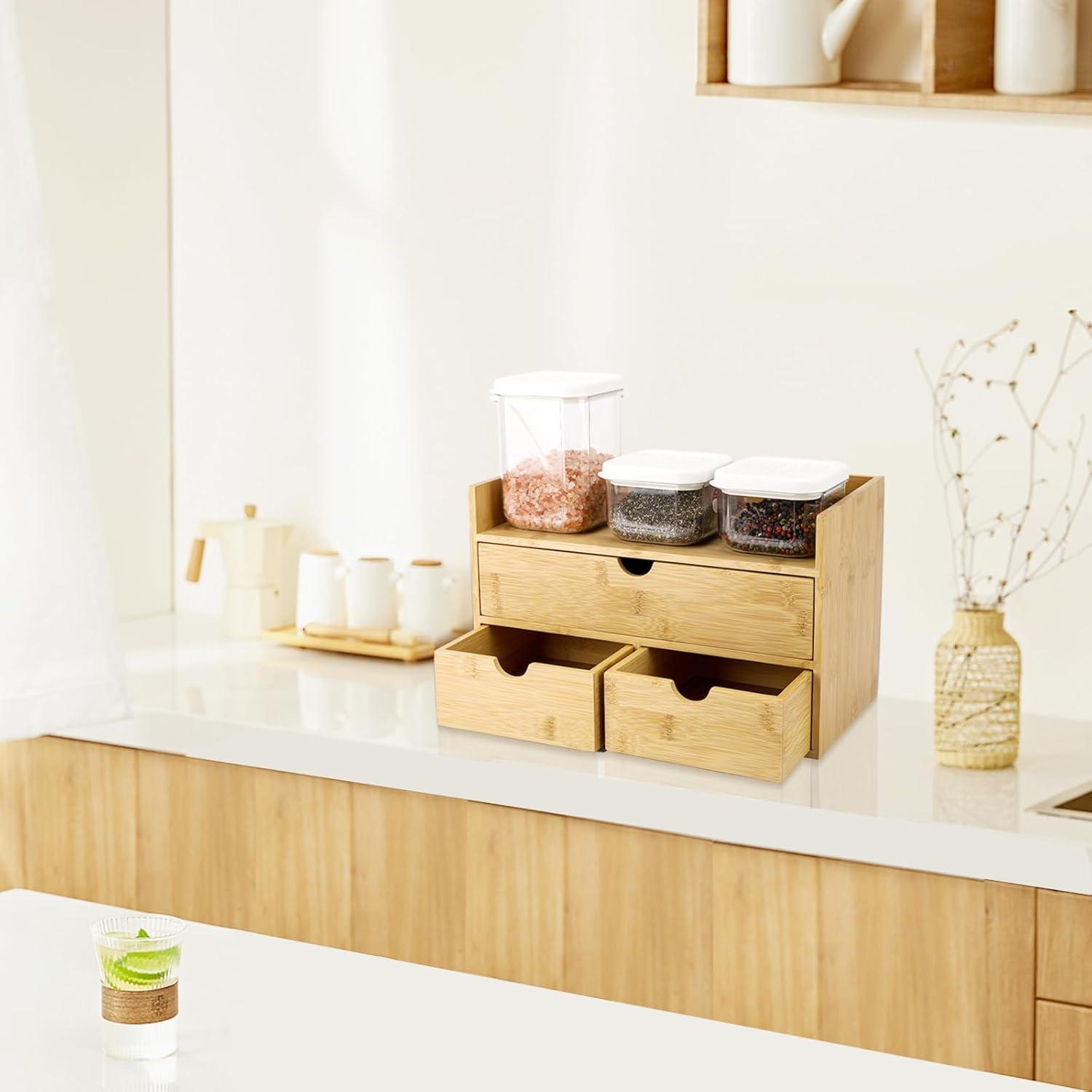 Bamboo Desk Organizer with 3 Drawers, Countertop Organizer with Drawers Makeup Storage Drawer 3 Drawers Tabletop Storage Organization Box Home Office Workspace