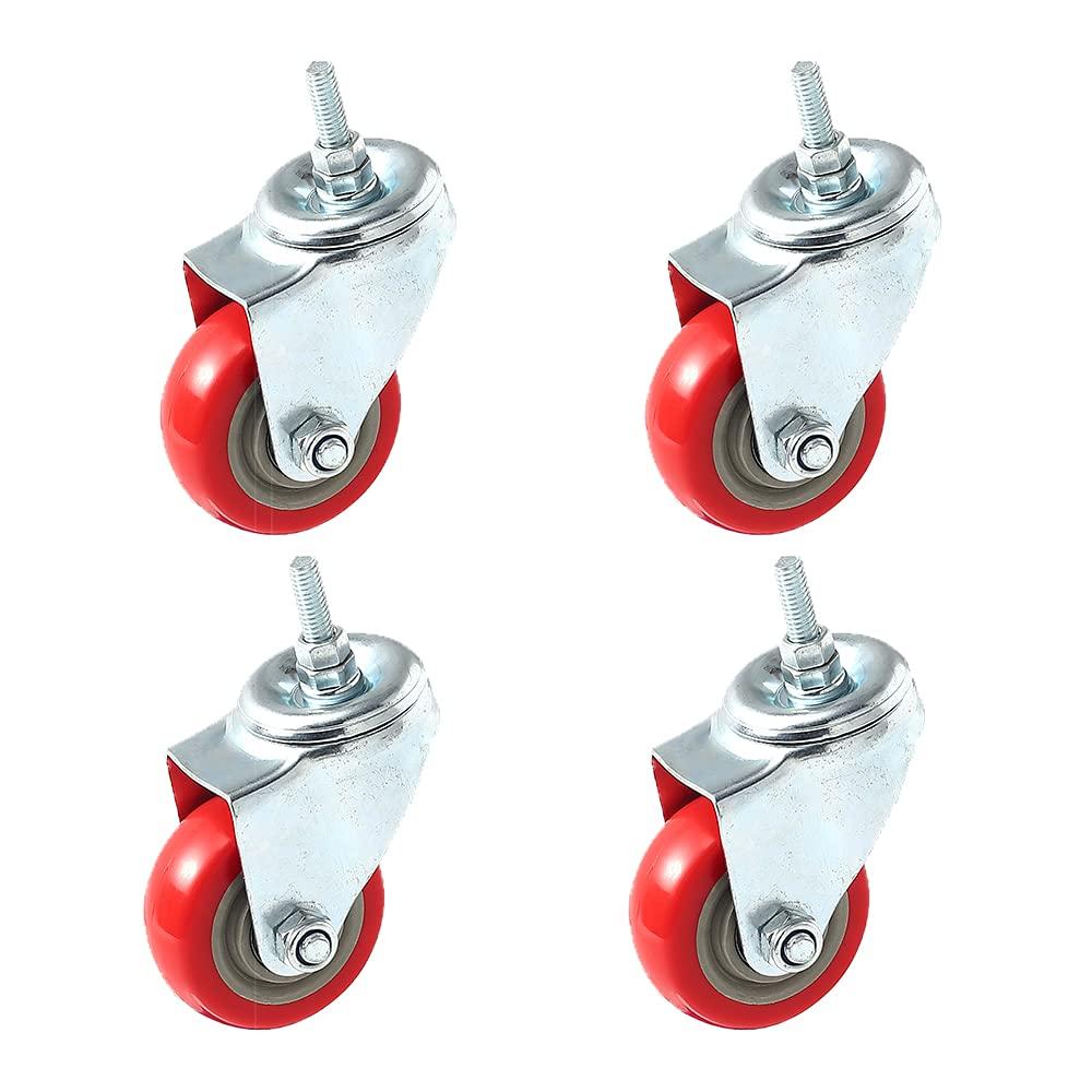 4 Pack Caster Wheels Swivel Plate Stem Casters On Red Polyurethane Wheels (3 inch Stem)
