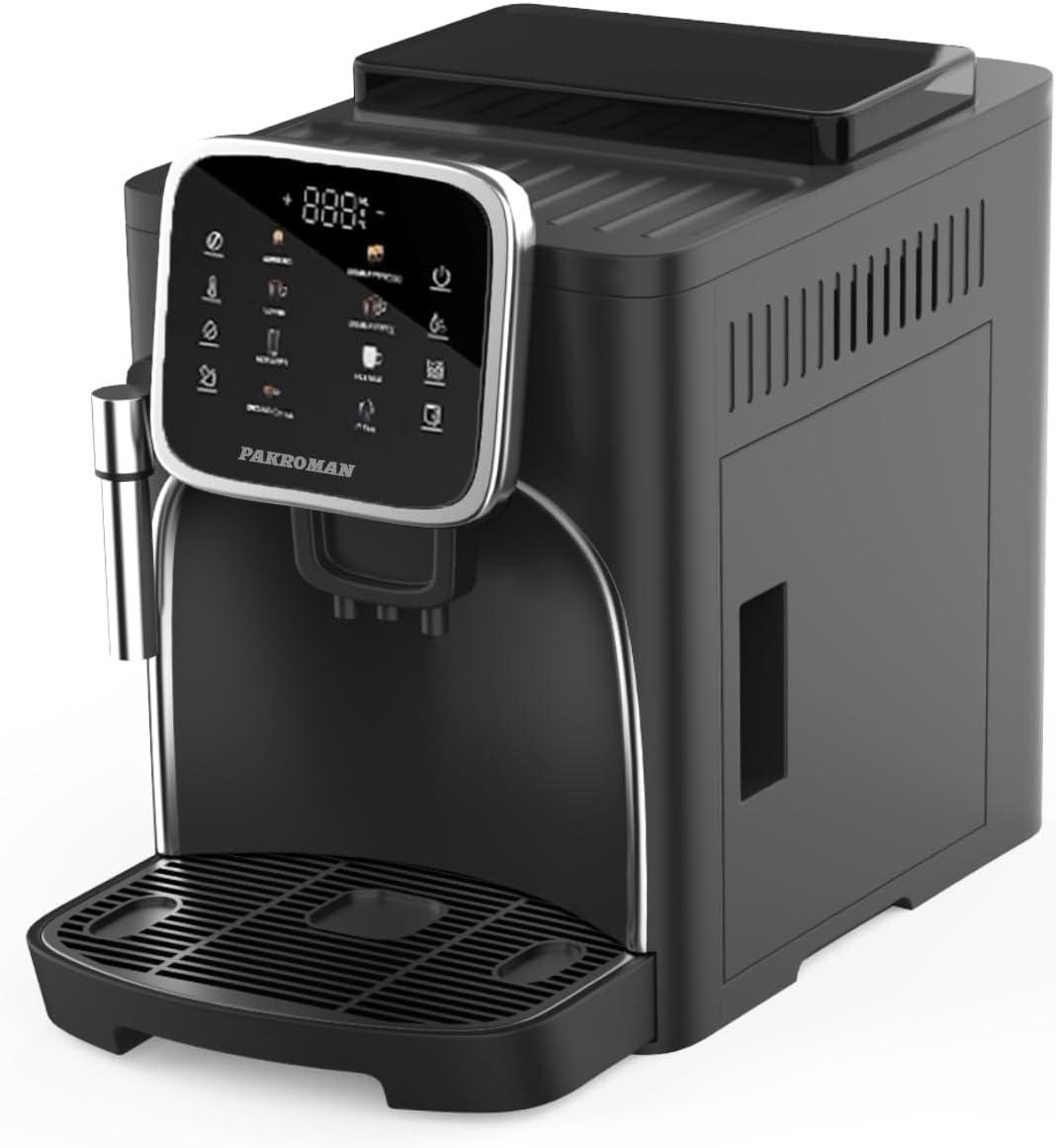 Pakroman Fully Automatic Espresso Machine Milk Frother+19 Bar Italian Ulka Touch Display+Burr Grinder