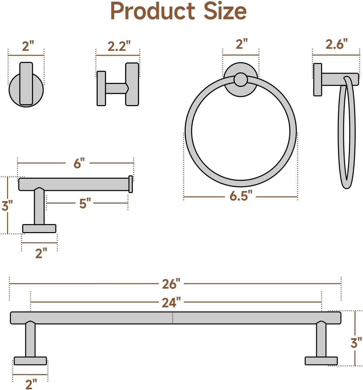 Brushed Nickel Bathroom Hardware Set, Modern 24-Inch Towel Bar Set Wall Mounted, Durable SUS304 Stainless Steel Bathroom Accessories Set, 4-Piece