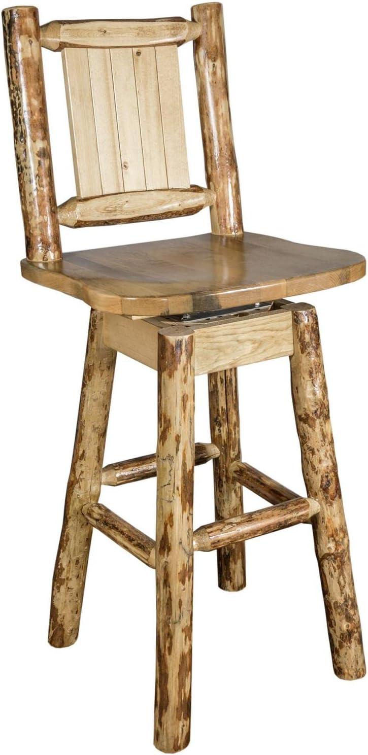 Rustic Lodge Pole Pine Swivel Barstool with Laser-Engraved Wolf