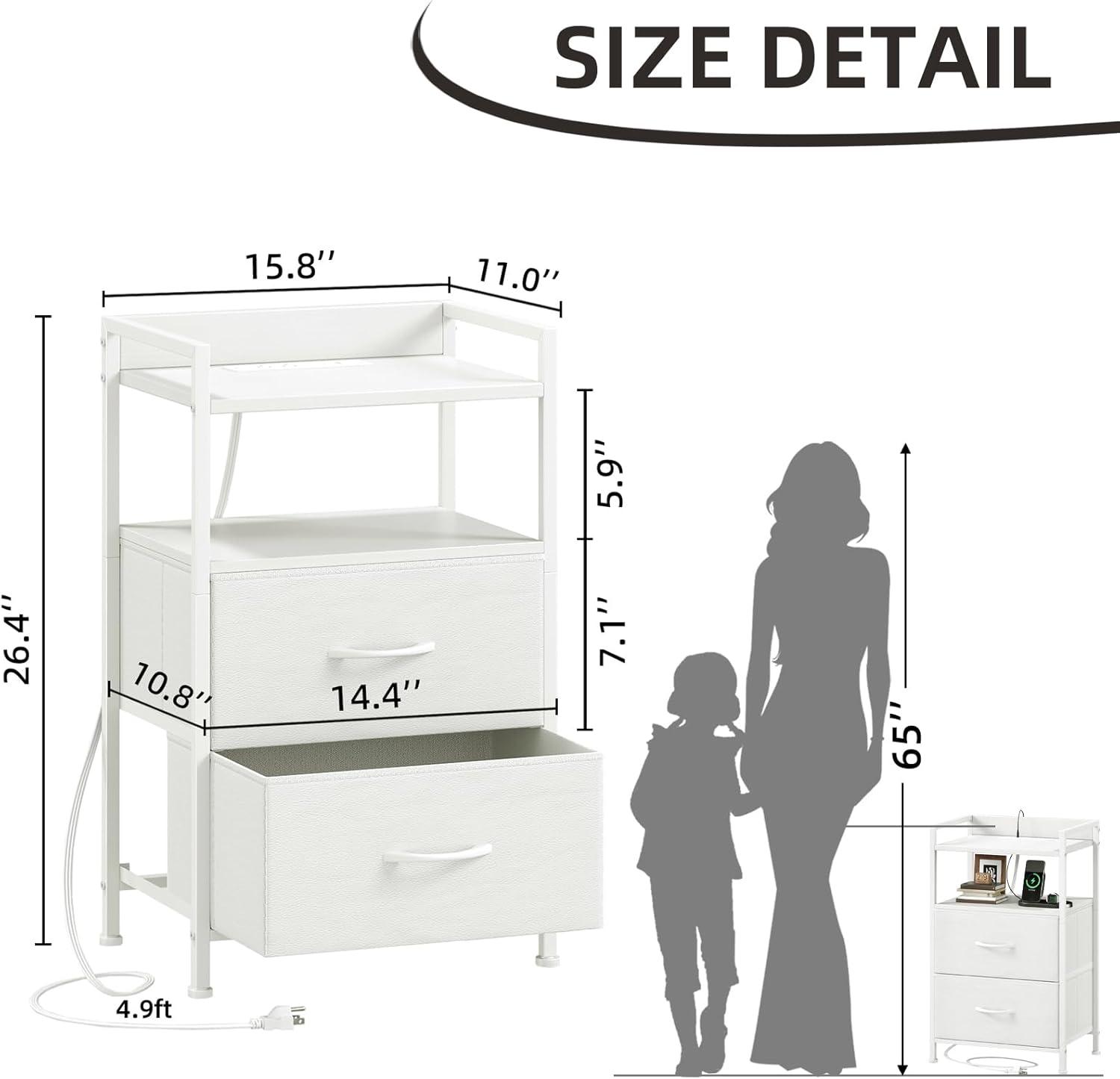 Eunos White Tall Nightstand with Charging Station, 5 Fabric Drawer Dresser for Bedroom with LED and Handle
