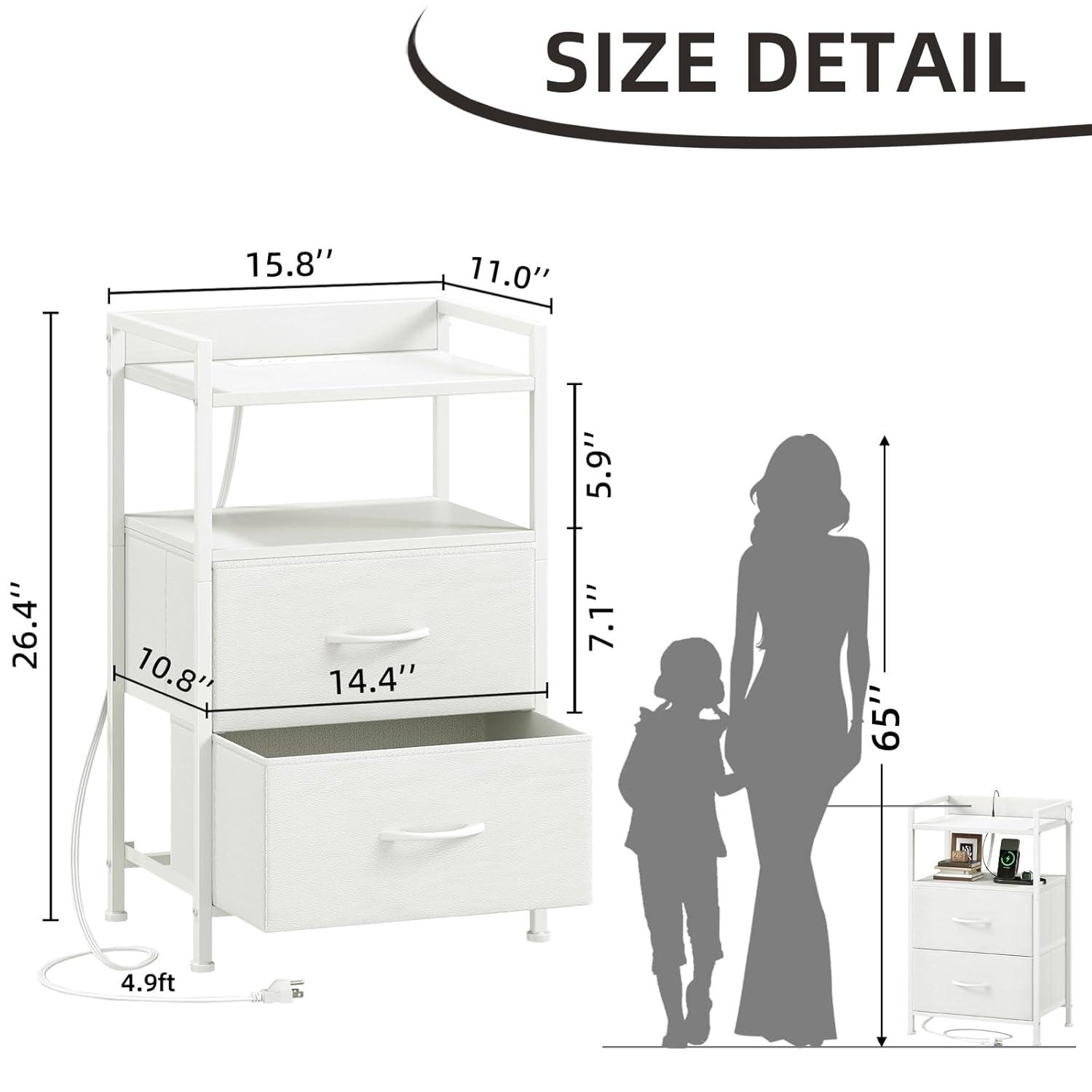 Eunos White Tall Nightstand with Charging Station, 5 Fabric Drawer Dresser for Bedroom with LED and Handle