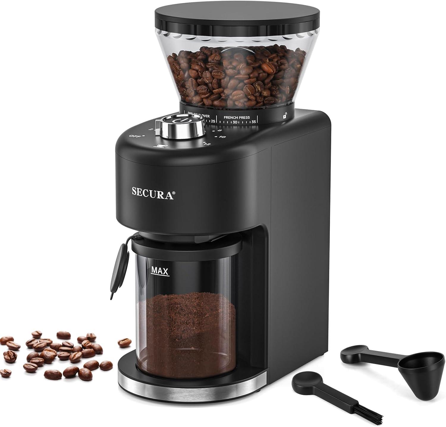 Secura Conical Burr Coffee Grinder with 35 Grinding settings Coffee Grinder for Espresso/Drip/French Press Coffee Maker, 2-12 Cups Black