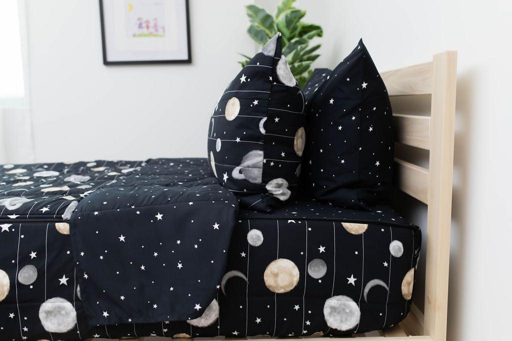 Beddy's Space Theme Durable Zipper Bedding for Kids, Bed in a Bag, Black Sheets and Universe Galaxy Comforter with Stars & Solar System, Includes Pillowcase and Sham, Easy to Make and Wash