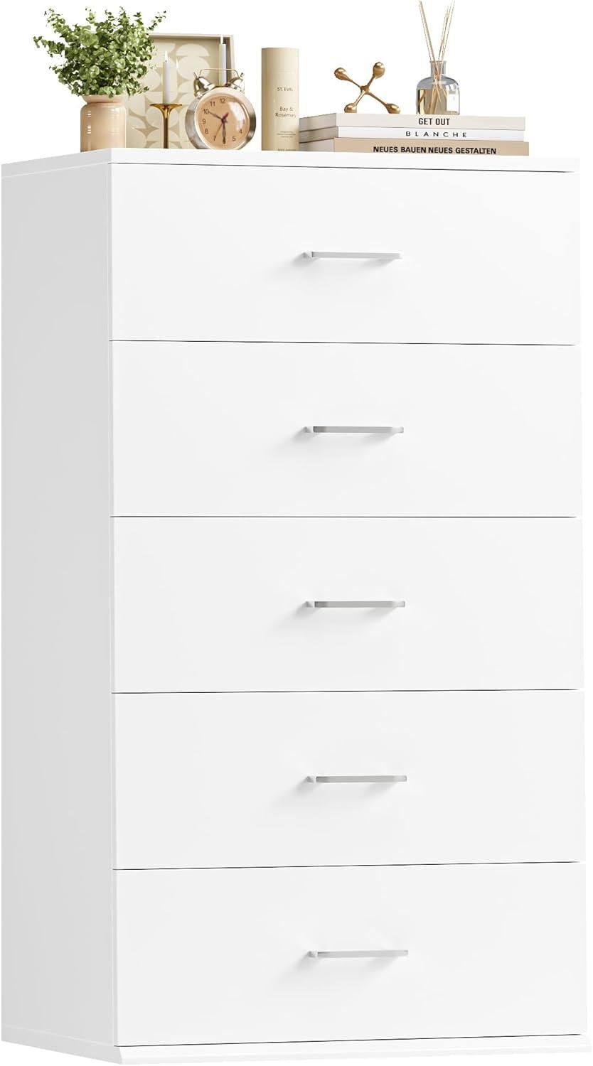TTVIEW White Dresser, Chest of Drawers with Mental Handles, Tall White Dresser with 5 Drawers, Tall Dressers for Living Room, Kitchen, Entryway