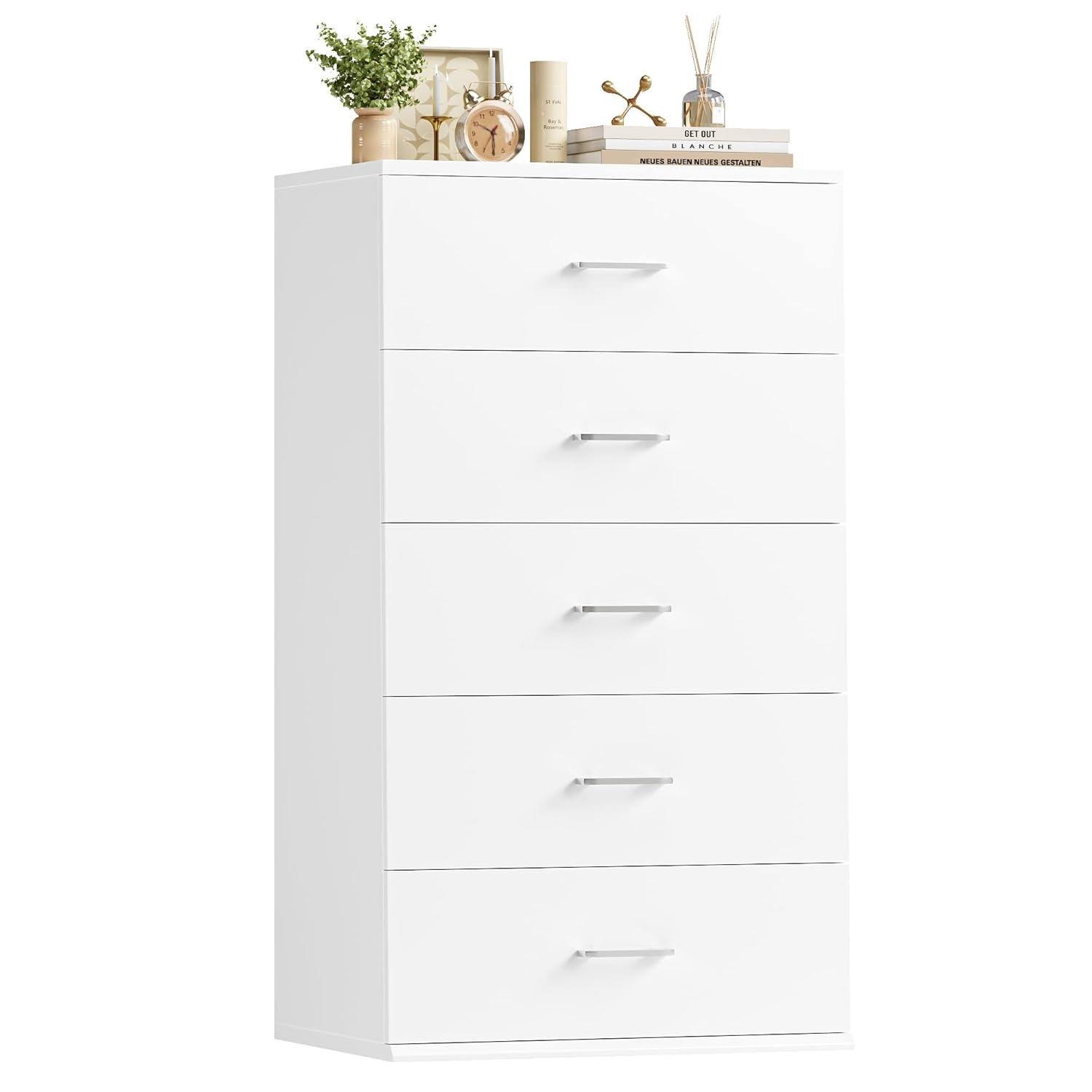 TTVIEW White Dresser, Chest of Drawers with Mental Handles, Tall White Dresser with 5 Drawers, Tall Dressers for Living Room, Kitchen, Entryway