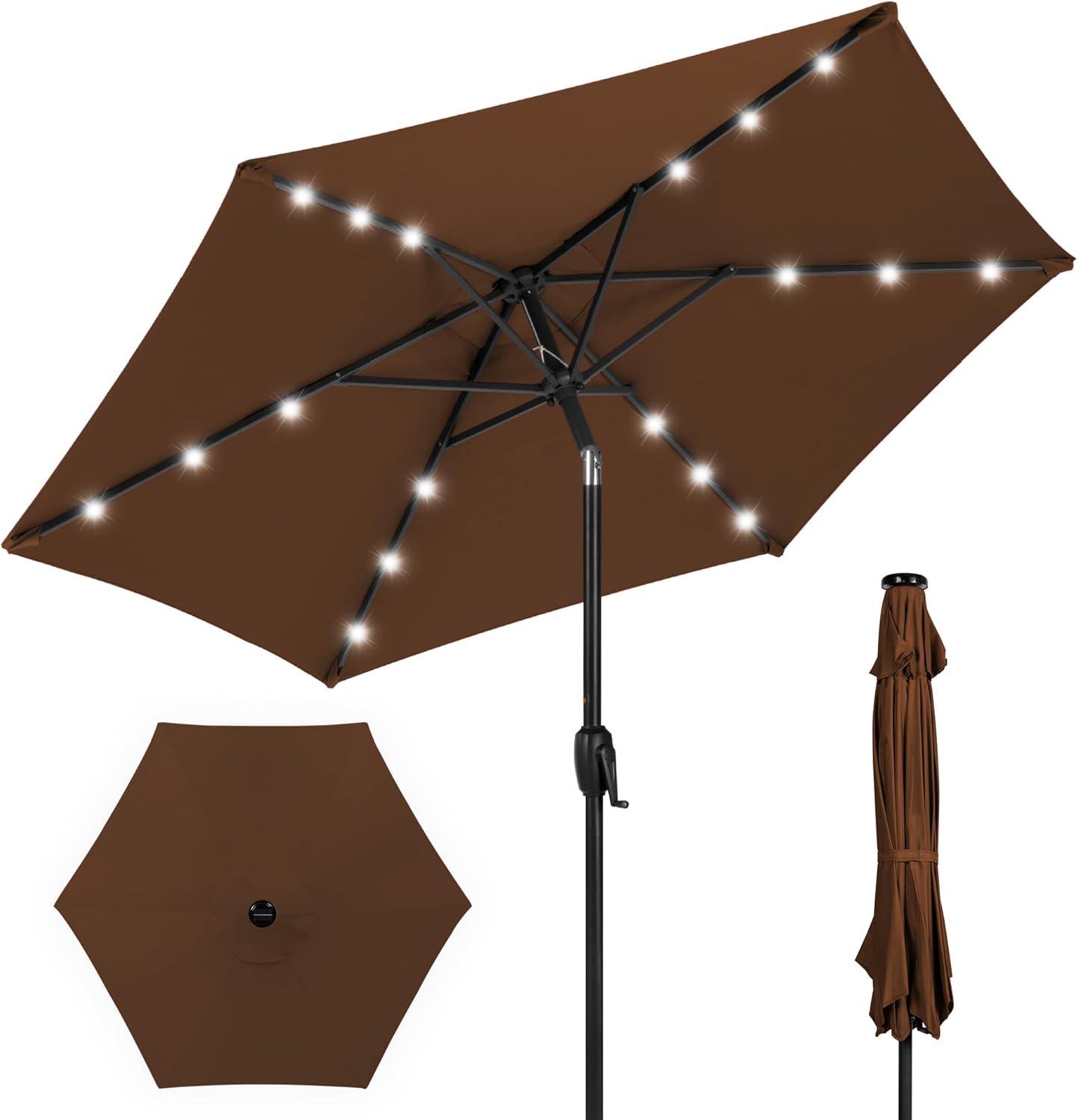 Best Choice Products 7.5ft Outdoor Solar Patio Umbrella for Deck, Pool w/ Tilt, Crank, LED Lights - Brown