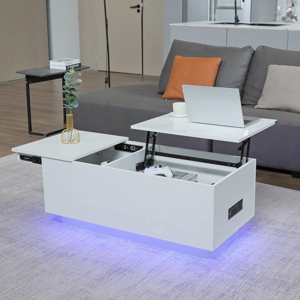 Hommpa LED Coffee Table with USB Ports and Outlets Lift Top Coffee Tables with Storage High Gloss White Rectangular Modern Center Table for Living Dining Room