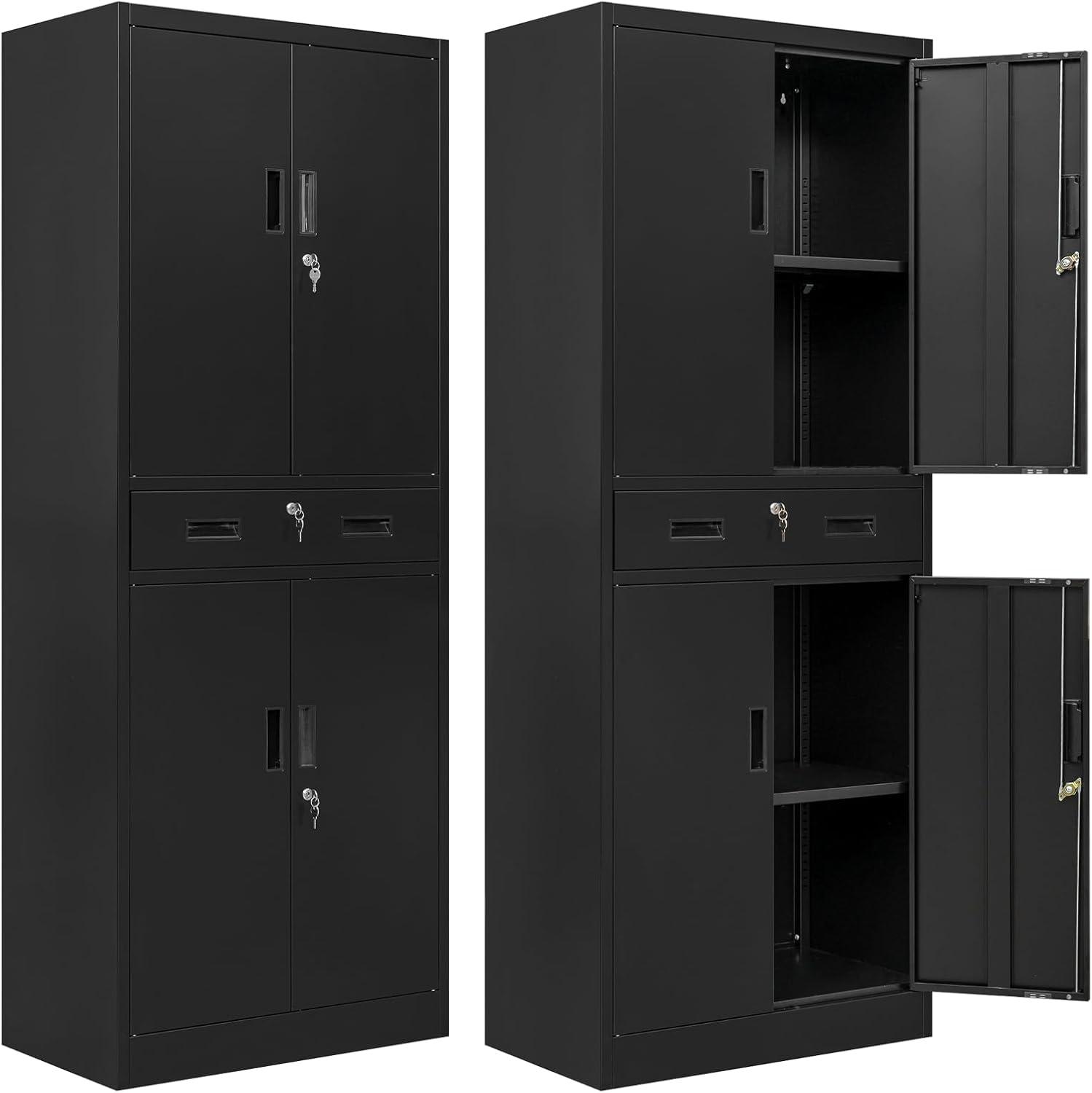 Metal Storage Cabinets with Drawer and Adjustable Shelves, Lockable Storage Cabinet for Pantry Home Office Garage Kitchen Living Dining Room (Black)