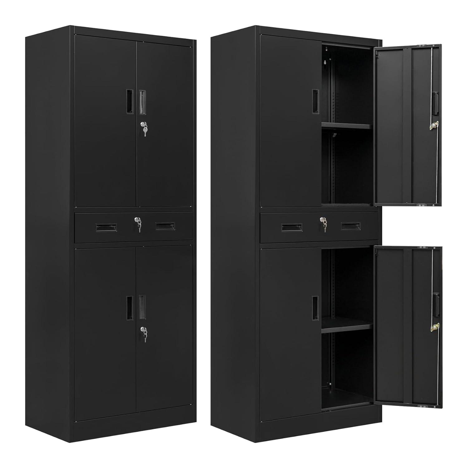 Metal Storage Cabinets with Drawer and Adjustable Shelves, Lockable Storage Cabinet for Pantry Home Office Garage Kitchen Living Dining Room (Black)