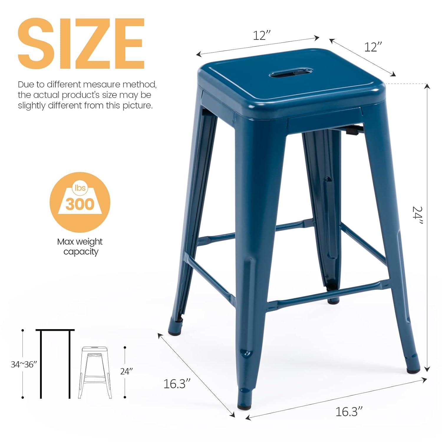 Vogue Furniture Direct 24 Inch Metal Bar Stools, Backless Counter Height Barstools, Indoor Outdoor Stackable Stools with Square Seat, Set of 2 (Deep Blue)