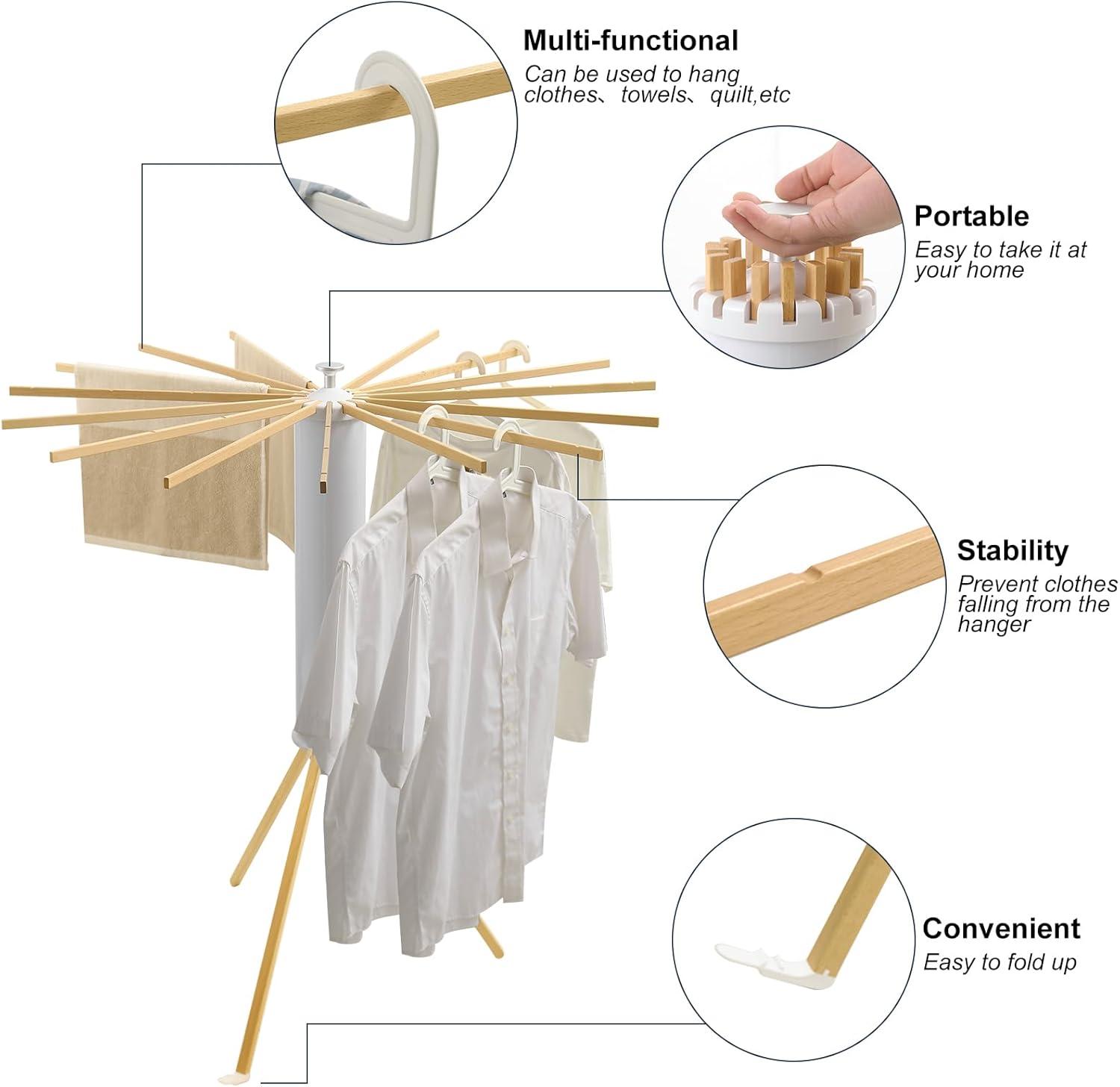 White and Natural Wood Foldable Tripod Clothes Drying Rack