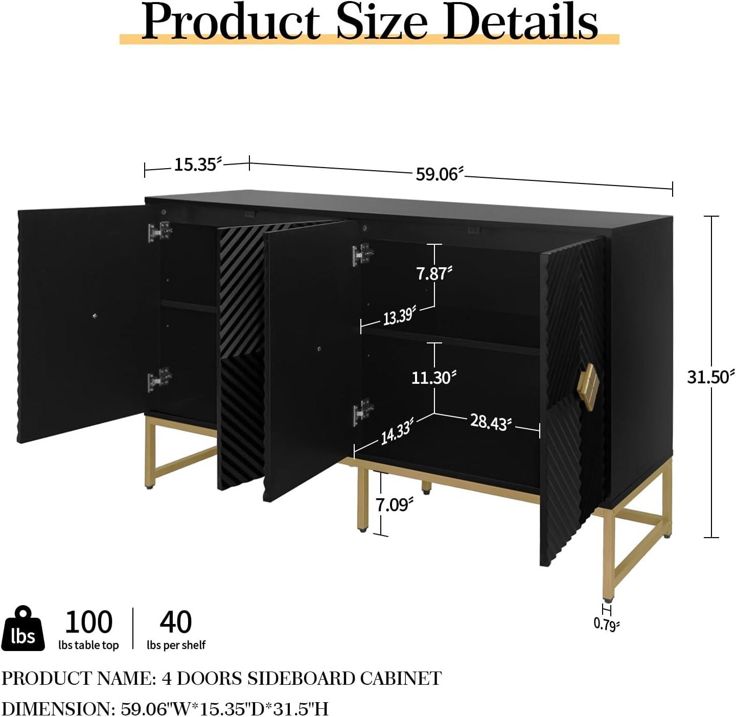 Black Wood 4-Door Sideboard with Gold Metal Legs