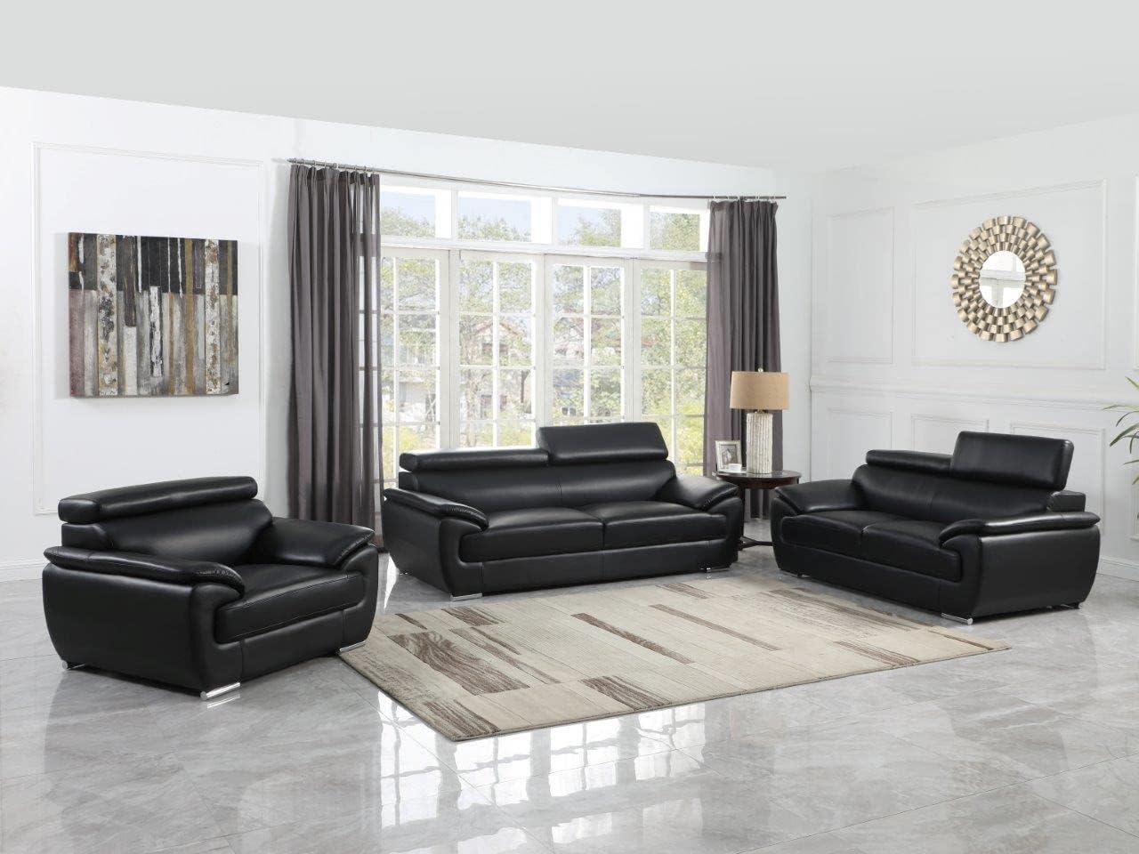 Black Leather Modern Accent Chair with Adjustable Headrests