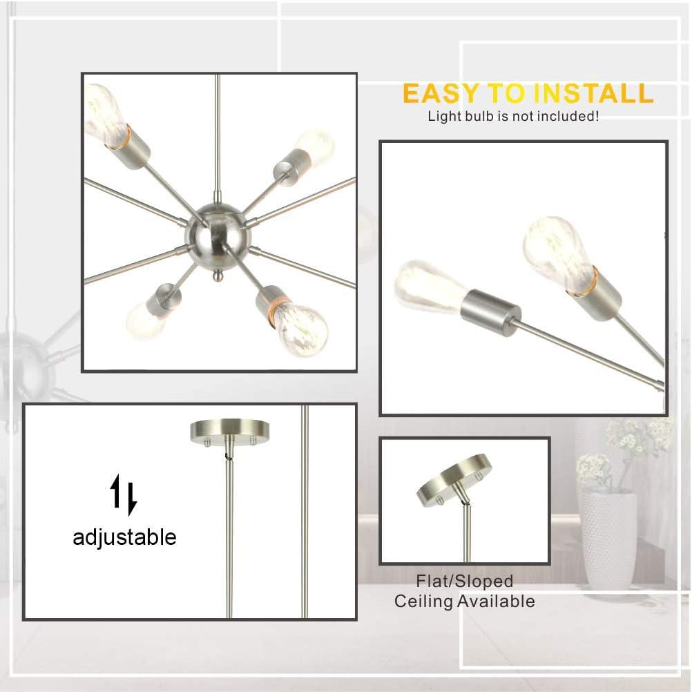 Sputnik Chandelier 8 Lights Brushed Nickel Modern Pendant Lighting Mid Century Flush Mount Ceiling Light Fixture Adjustable Height for Kitchen Dining Room Living Room Bedroom Foyer