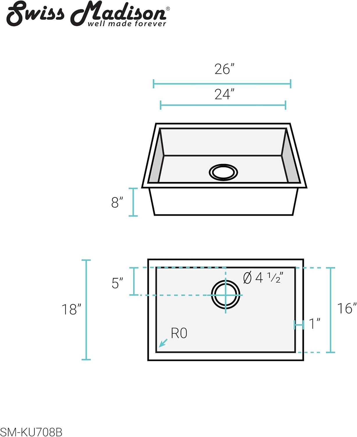 Tourner 26 x 18 Stainless Steel, Single Basin, Undermount Kitchen Sink