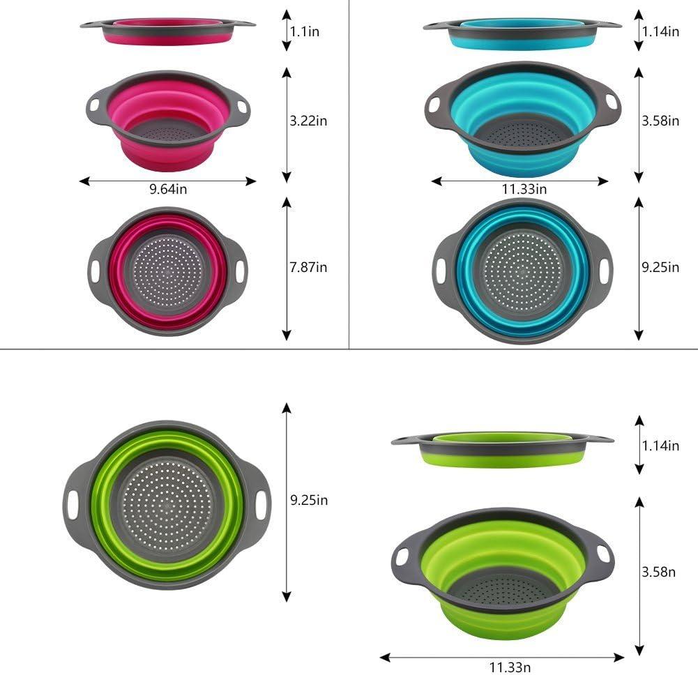 Qimh Collapsible Colander Set of 3 Round Silicone Kitchen Strainer Set - 2 pcs 4 Quart and 1 pcs 2 Quart- Perfect for Draining Pasta, Vegetable and fruit (green,blue, purple)