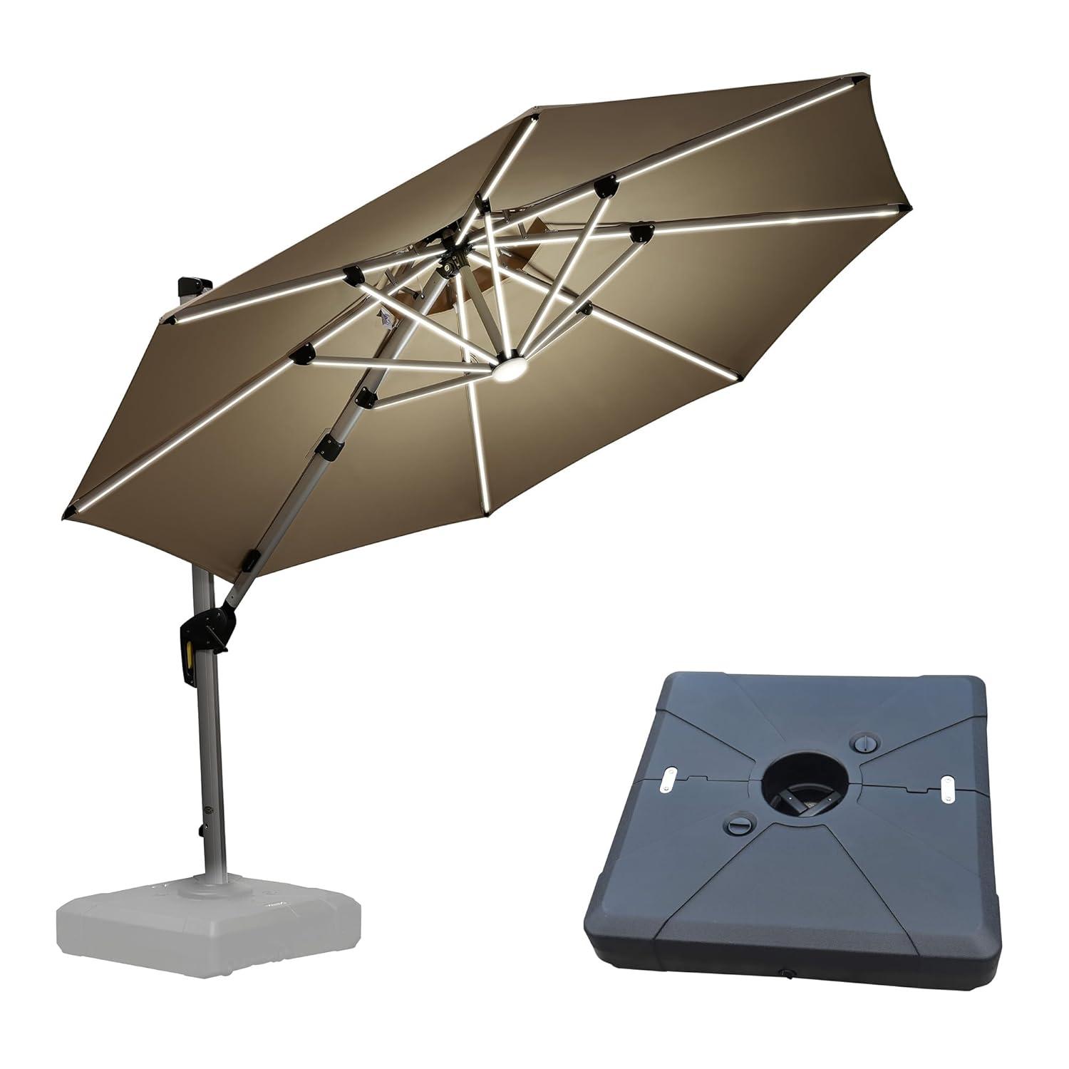 PURPLE LEAF 12-ft Aluminum Black Crank Cantilever Patio Umbrella with Lights