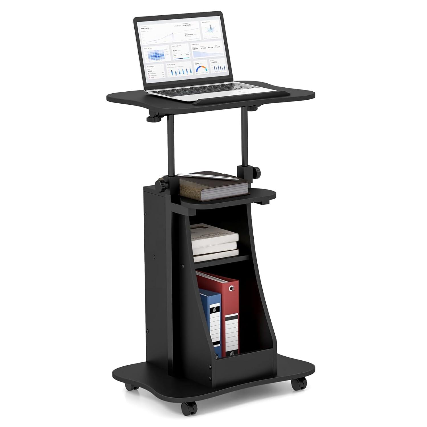 Costway Mobile Podium Stand Height Adjustable Laptop Cart with Storage Compartments Rolling Lectern with Lockable Casters for Classroom Office White