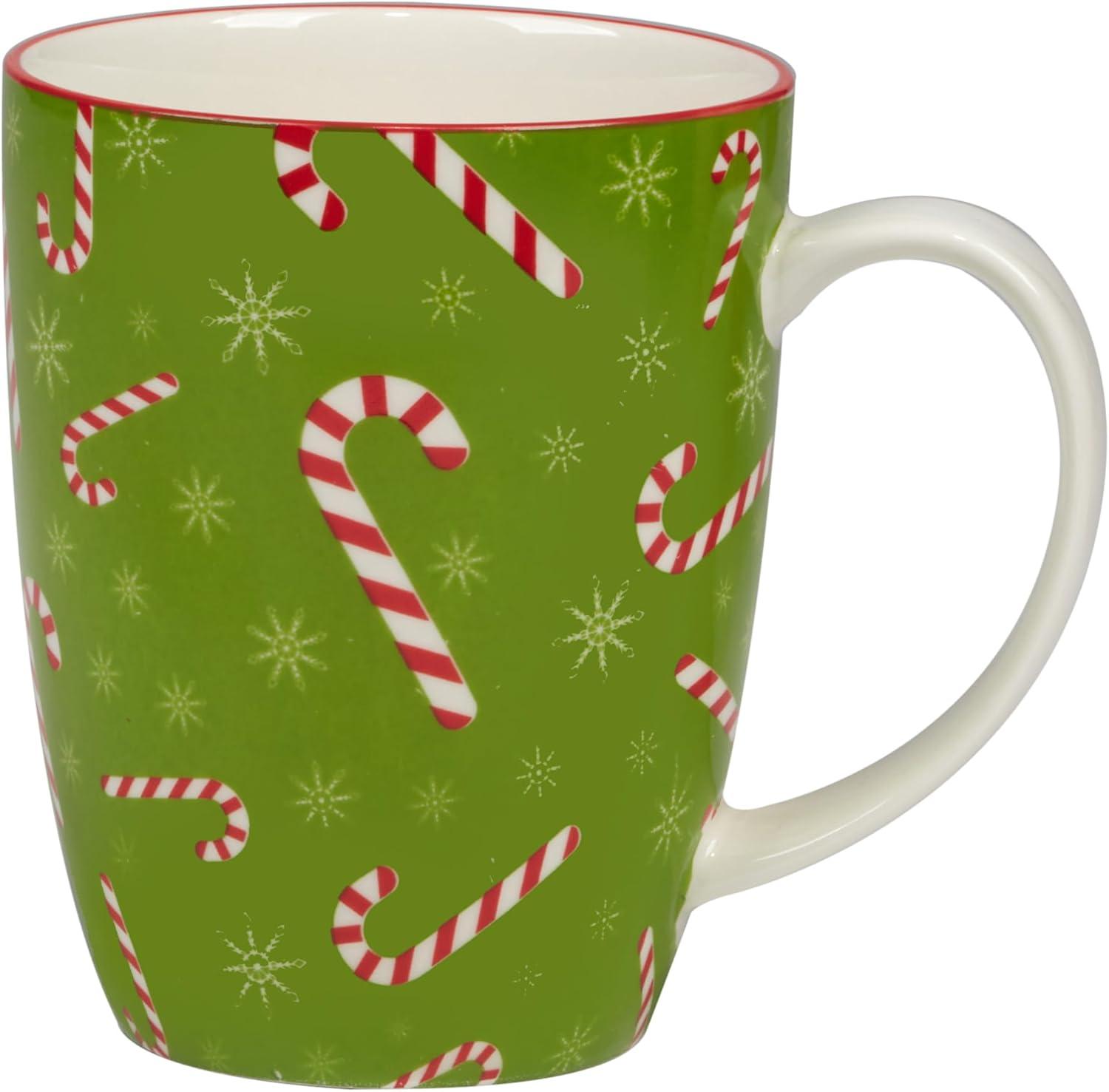 Holiday Red and Green Ceramic Christmas Mug Set, 14 oz, 6 Pieces