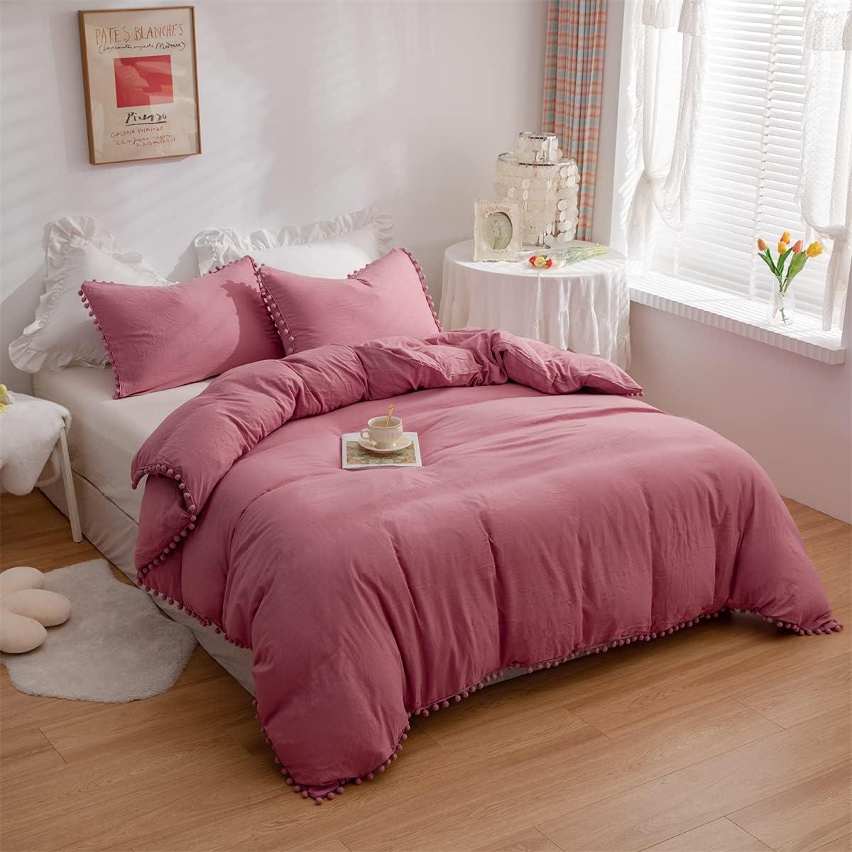 IHOUSTRIY Kid's Duvet Cover Twin Size,100% Washed Microfiber 2pcs Girl Bedding Duvet Cover Set, Pom Poms Fringe Solid Color Soft and Breathable with Zipper Closure & Corner Ties (Dusty Rose, Twin)