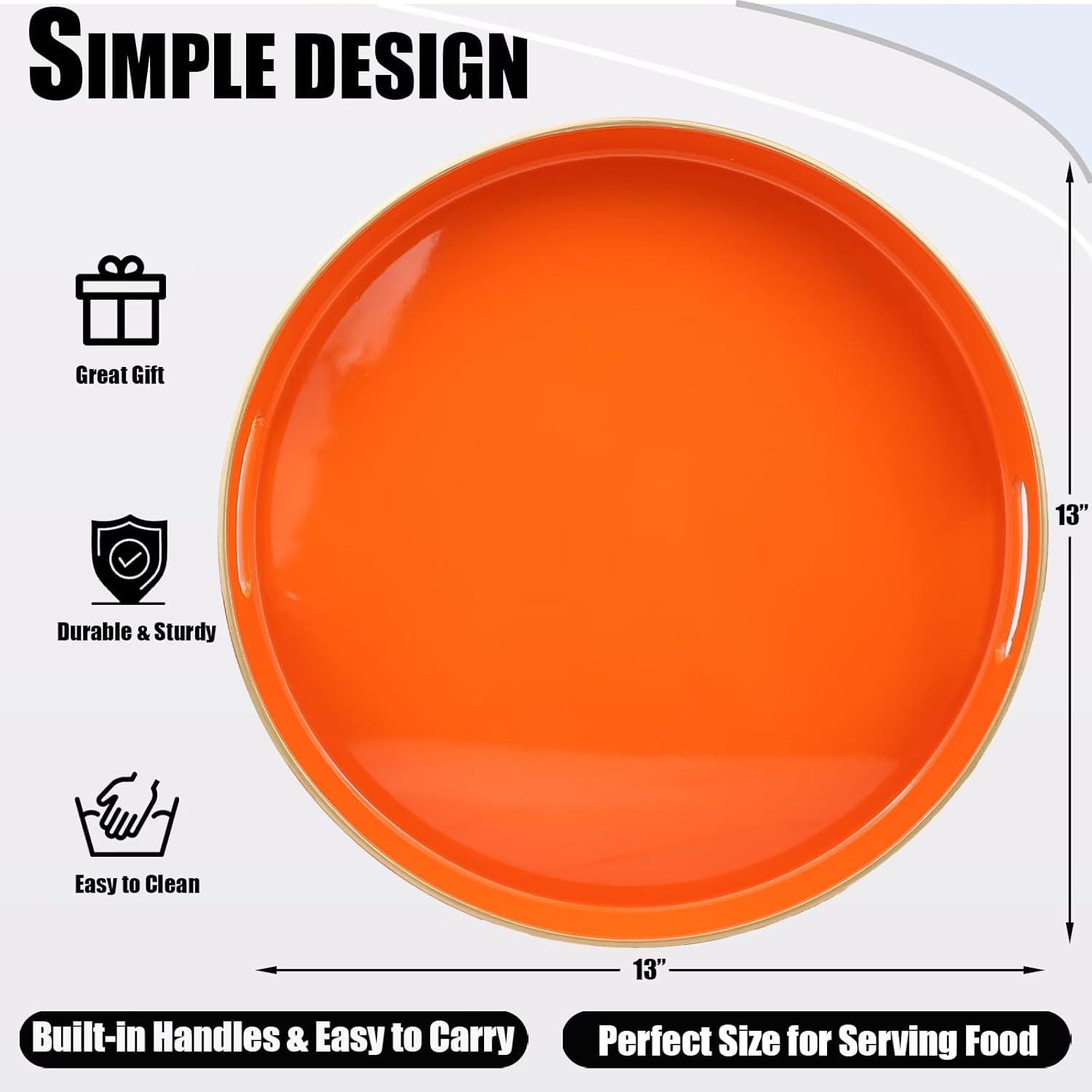 MAONAME 13" Round Tray, Orange Serving Tray with Handles, Modern Decorative Trays for Coffee Table, Plastic Ottoman Trays for Ottoman, Bathroom, Halloween Decor