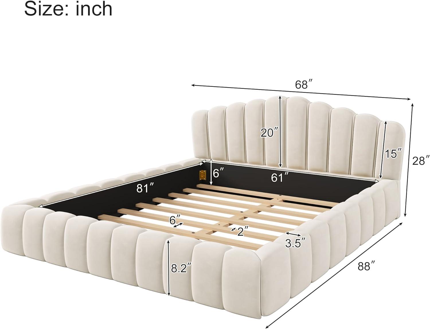 Beige Velvet Queen Platform Bed with Shell Headboard and Storage