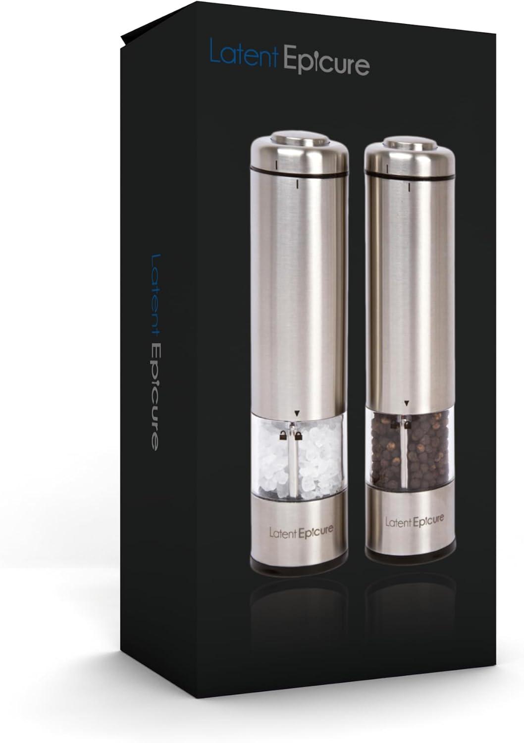 Electric Salt and Pepper Grinder Set - Battery Operated, Stainless Steel Shakers with Adjustable Fine & Coarseness, One Handed Operation, LED Light & Complimentary Mill Rest Tray