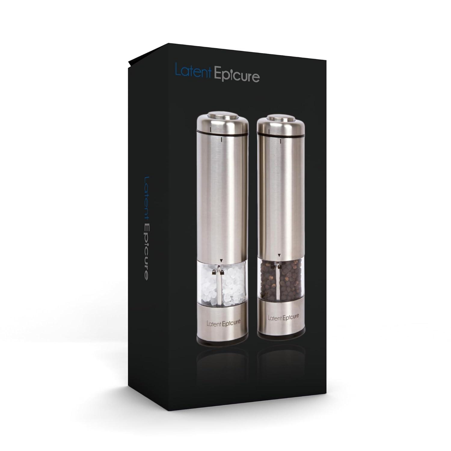 Electric Salt and Pepper Grinder Set - Battery Operated, Stainless Steel Shakers with Adjustable Fine & Coarseness, One Handed Operation, LED Light & Complimentary Mill Rest Tray