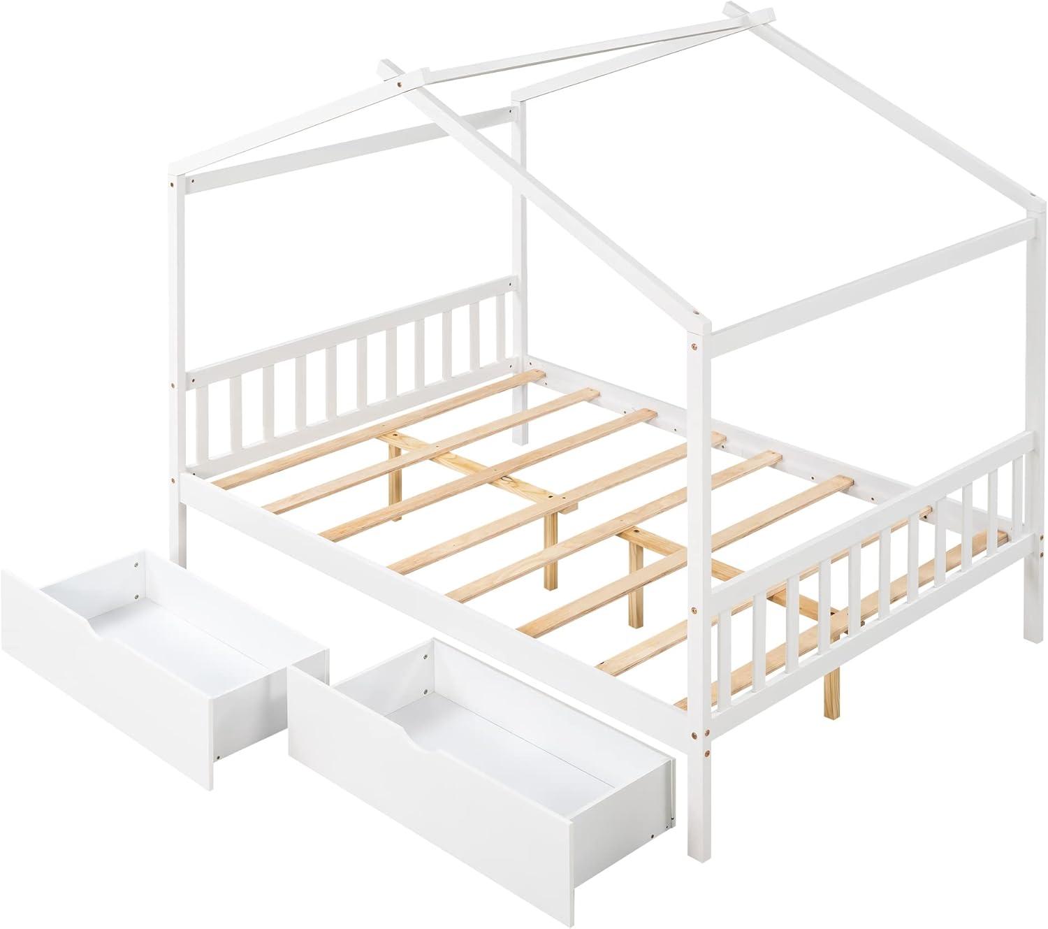 Kumix Platform Bed with Two Drawers, Wooden House Platform Bed Full Size with Headboard and Footboard, Roof Design for Kids Teens Boys and Girls, Noise-Free, No Box Spring Needed, White