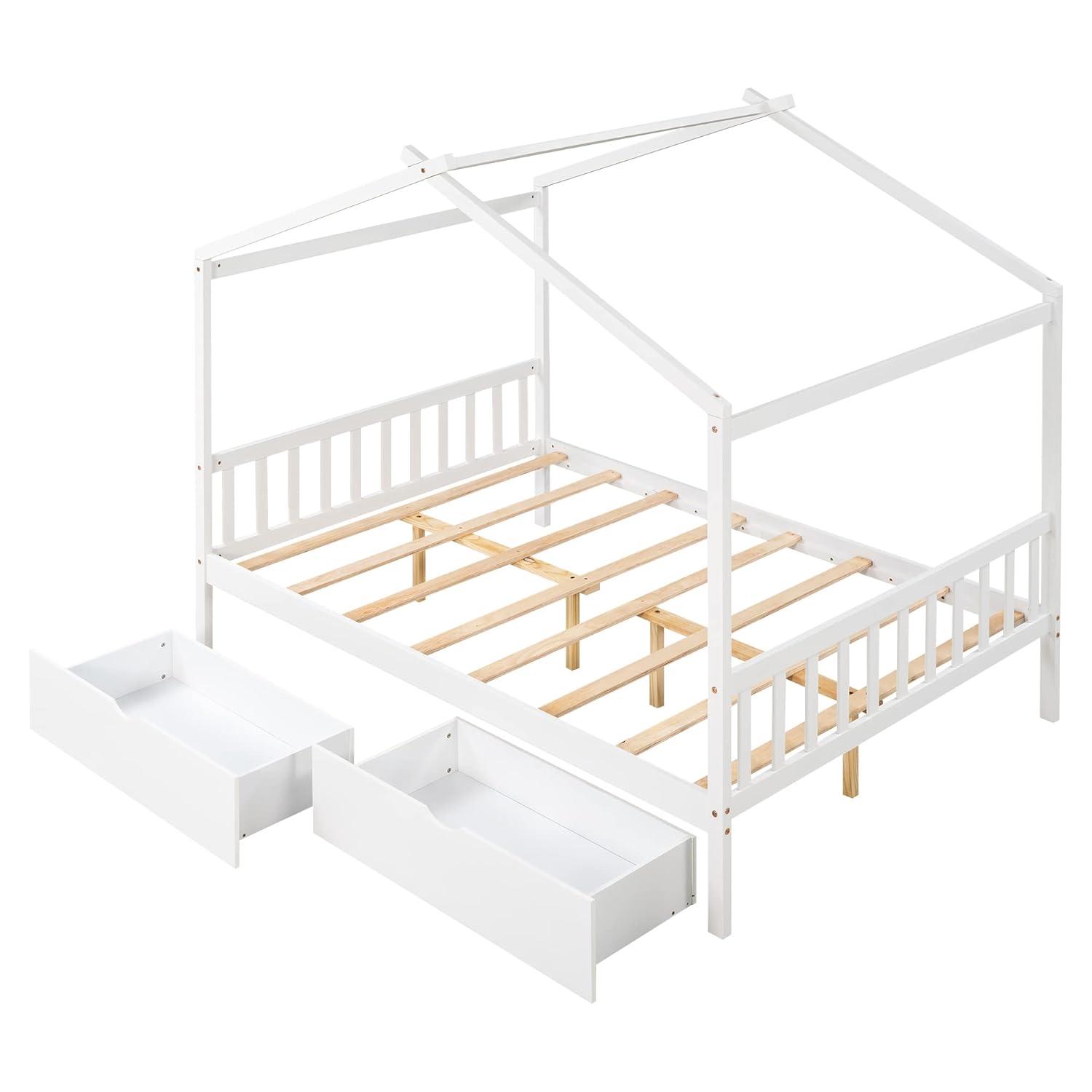 Kumix Platform Bed with Two Drawers, Wooden House Platform Bed Full Size with Headboard and Footboard, Roof Design for Kids Teens Boys and Girls, Noise-Free, No Box Spring Needed, White