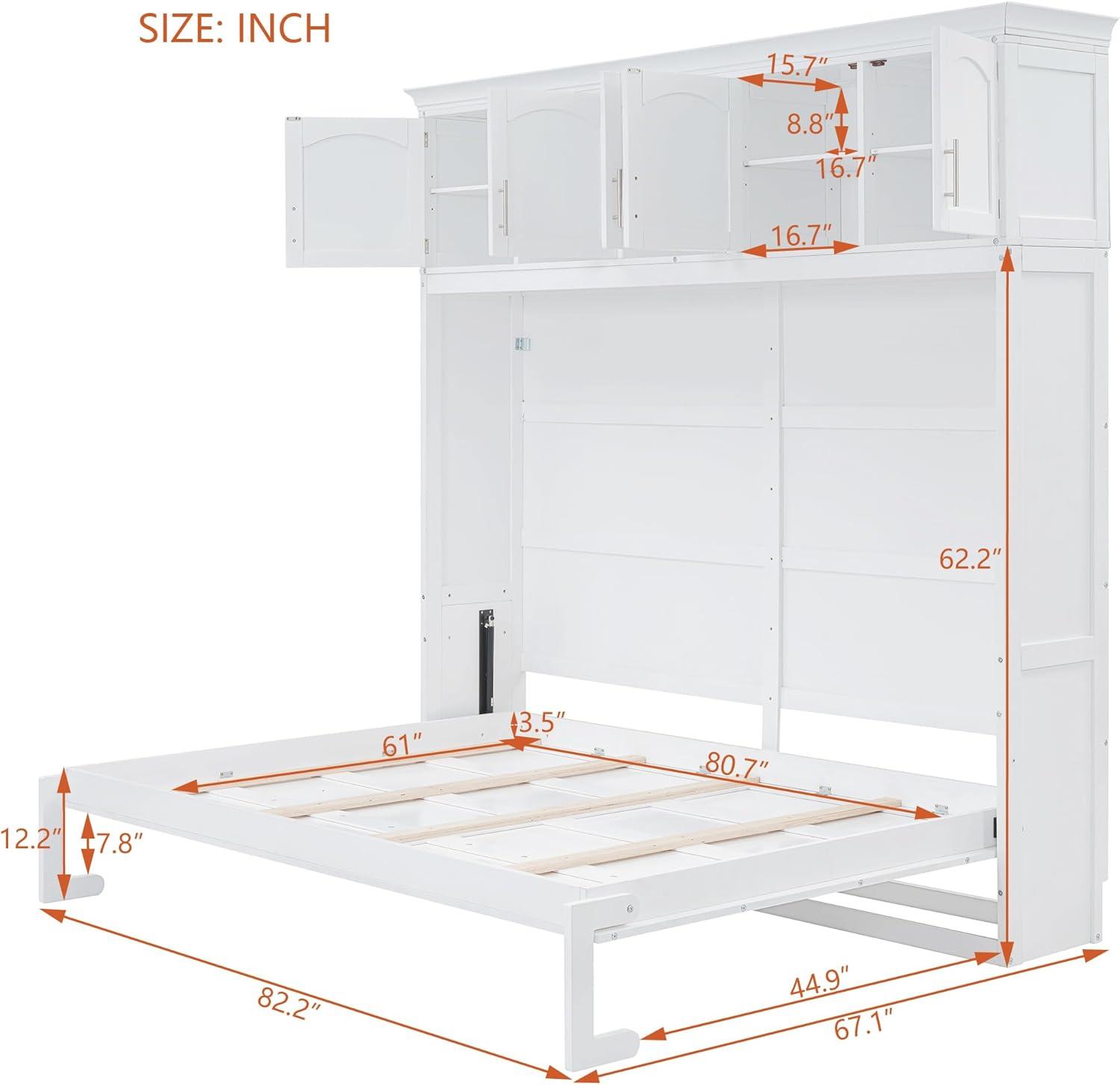 White Queen Size Murphy Bed with Storage Cabinets and Slats
