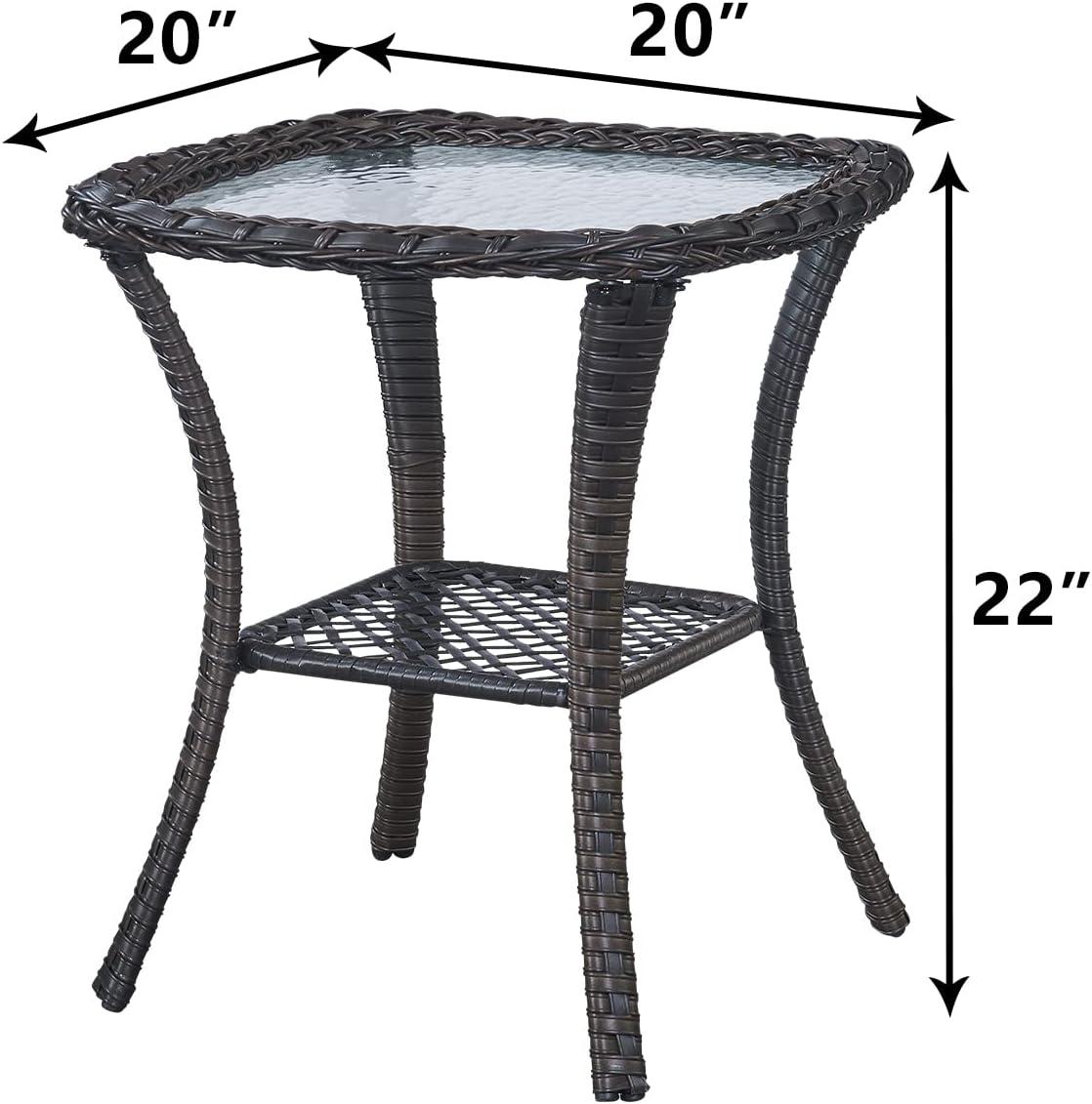 Brown Square Wicker Outdoor Glass Side Table