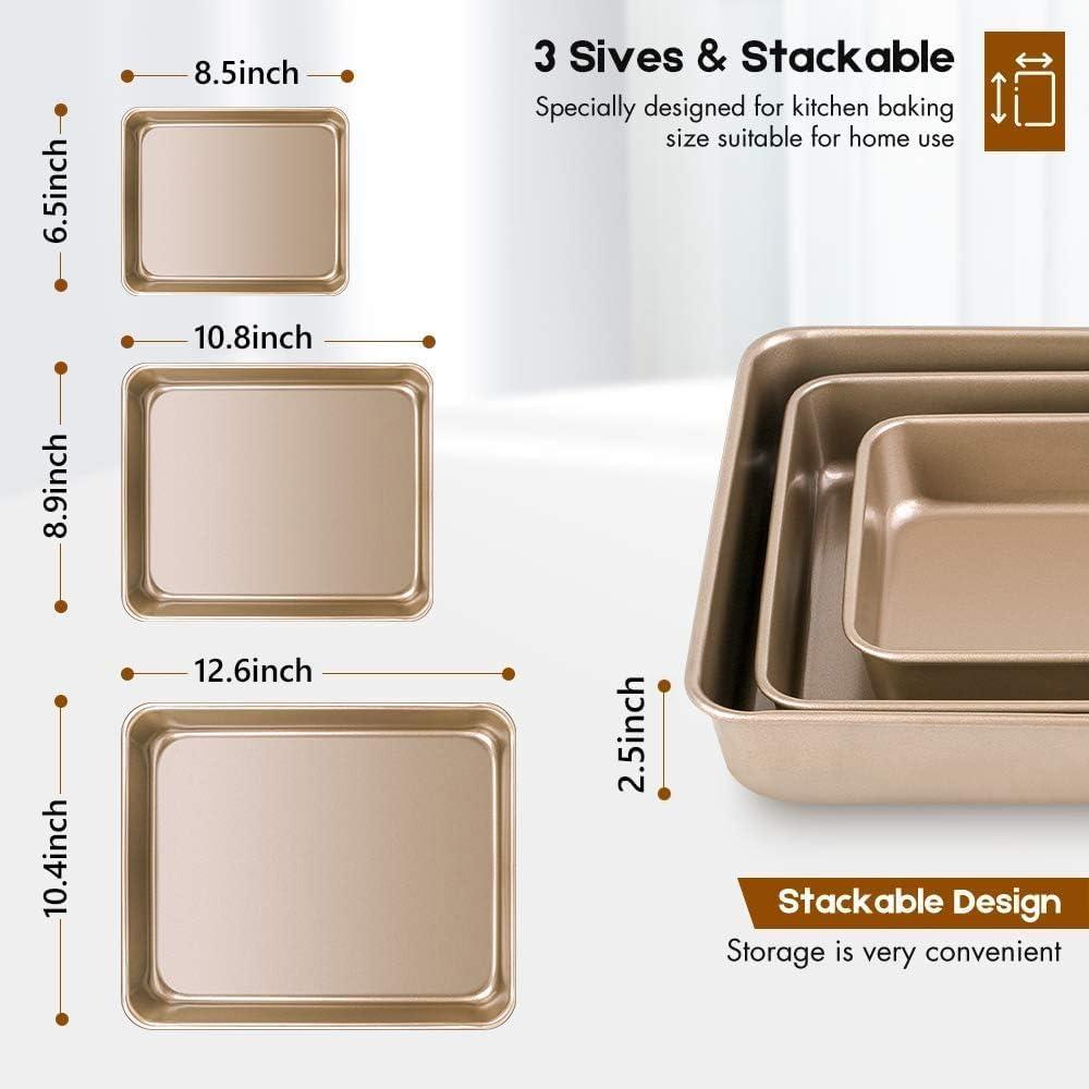 AMAGABELI GARDEN & HOME Deep Baking Pans Nonstick for Oven Tray Cake Carbon Steel Pan Baking Sheets Set of 3 Rectangle Bakeware Set for Cake Lasagna Brownie Casserole Cookie Cooking Gold
