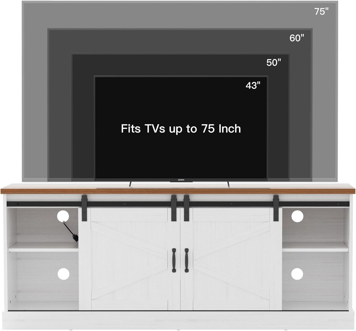 Kullavik Farmhouse TV Stand for Televisions up to 75 Inchs,Entertainment Center with Sliding Barn Doors and Storage Cabinets,Modern Media TV Console Table for Living Room,Bright White