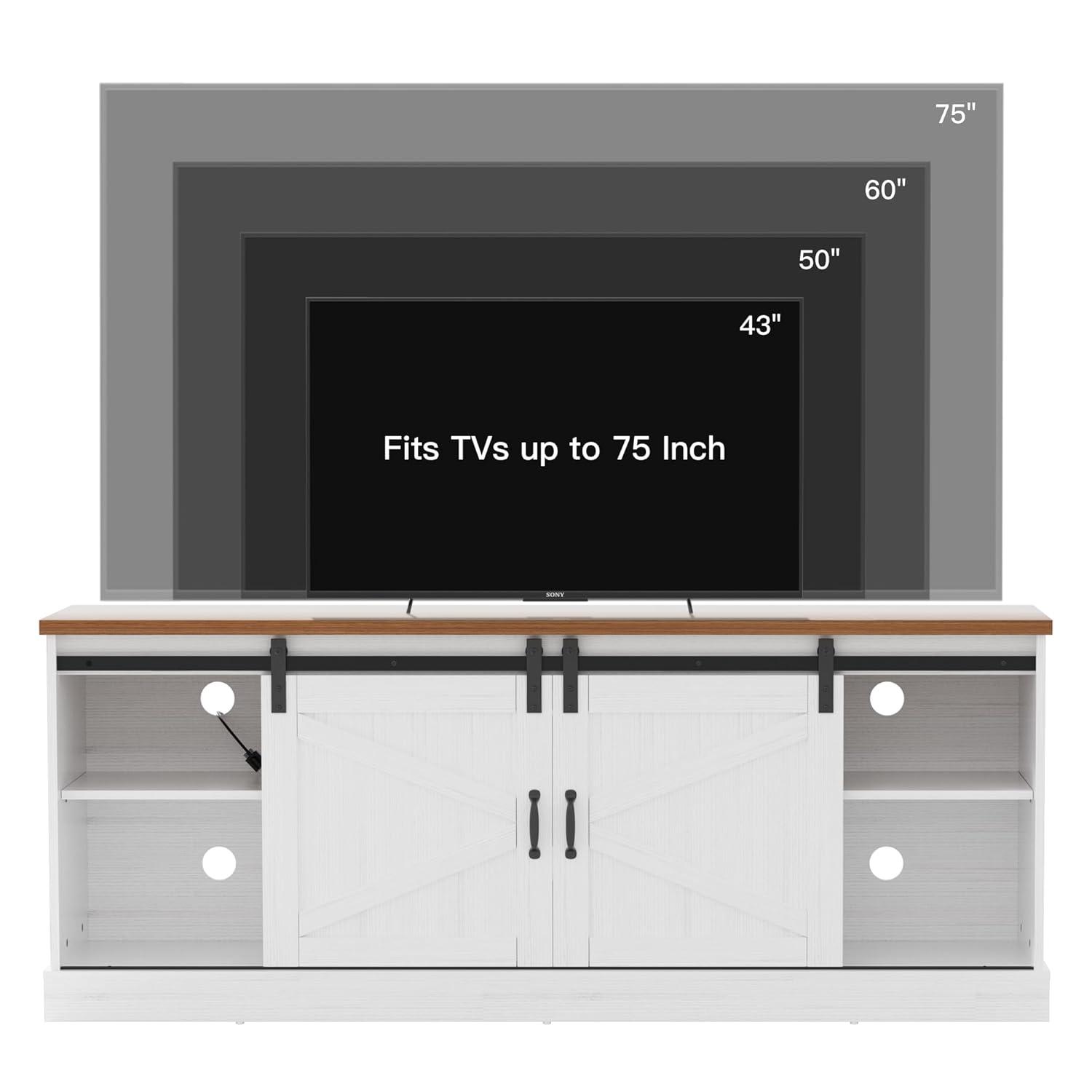 Kullavik Farmhouse TV Stand for Televisions up to 75 Inchs,Entertainment Center with Sliding Barn Doors and Storage Cabinets,Modern Media TV Console Table for Living Room,Bright White