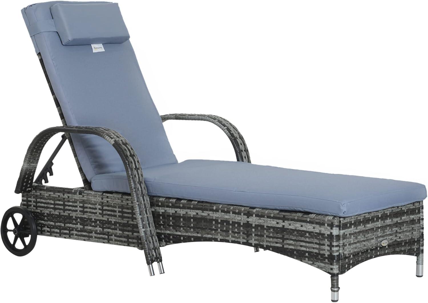 Outsunny Patio Wicker Chaise Lounge, PE Rattan Outdoor Lounge Chair with Cushion, Height Adjustable Backrest & Wheels